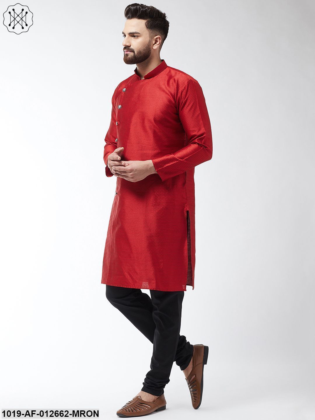 Men's Silk Blend Maroon Kurta & Black Churidar Pyjama Set