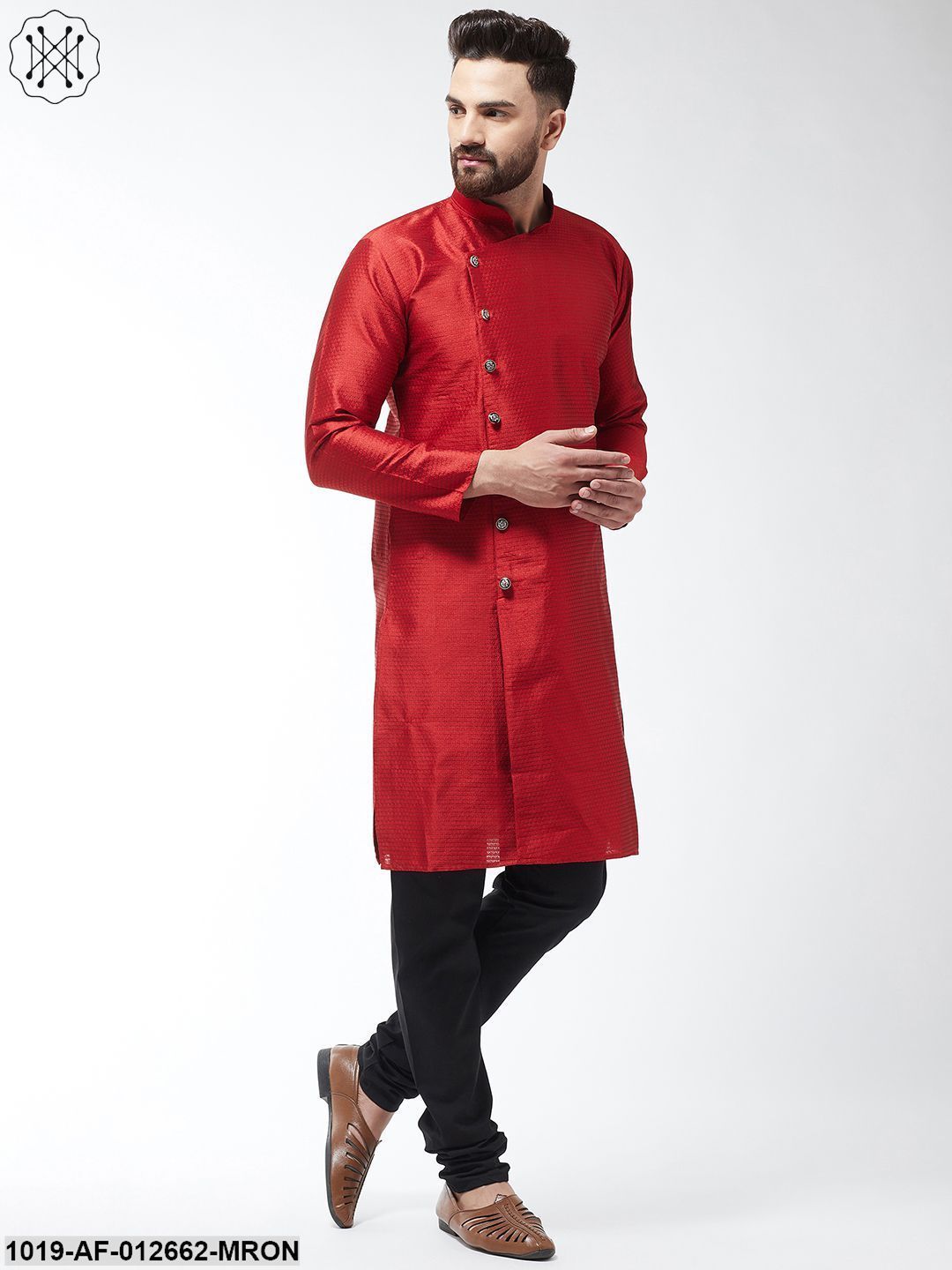 Men's Silk Blend Maroon Kurta & Black Churidar Pyjama Set