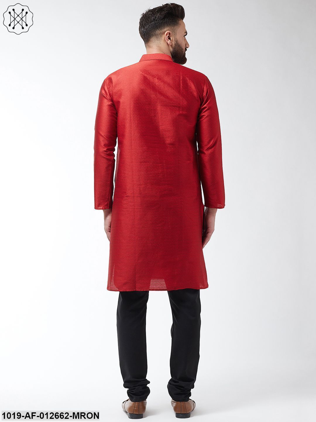 Men's Silk Blend Maroon Kurta & Black Churidar Pyjama Set