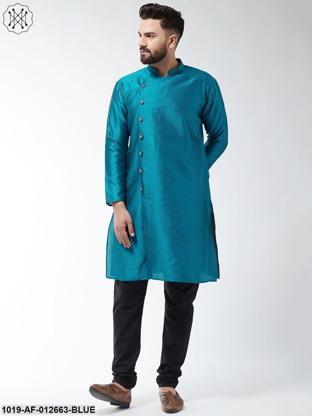 Men's Silk Blend Peacock Blue Kurta & Black Churidar Pyjama Set