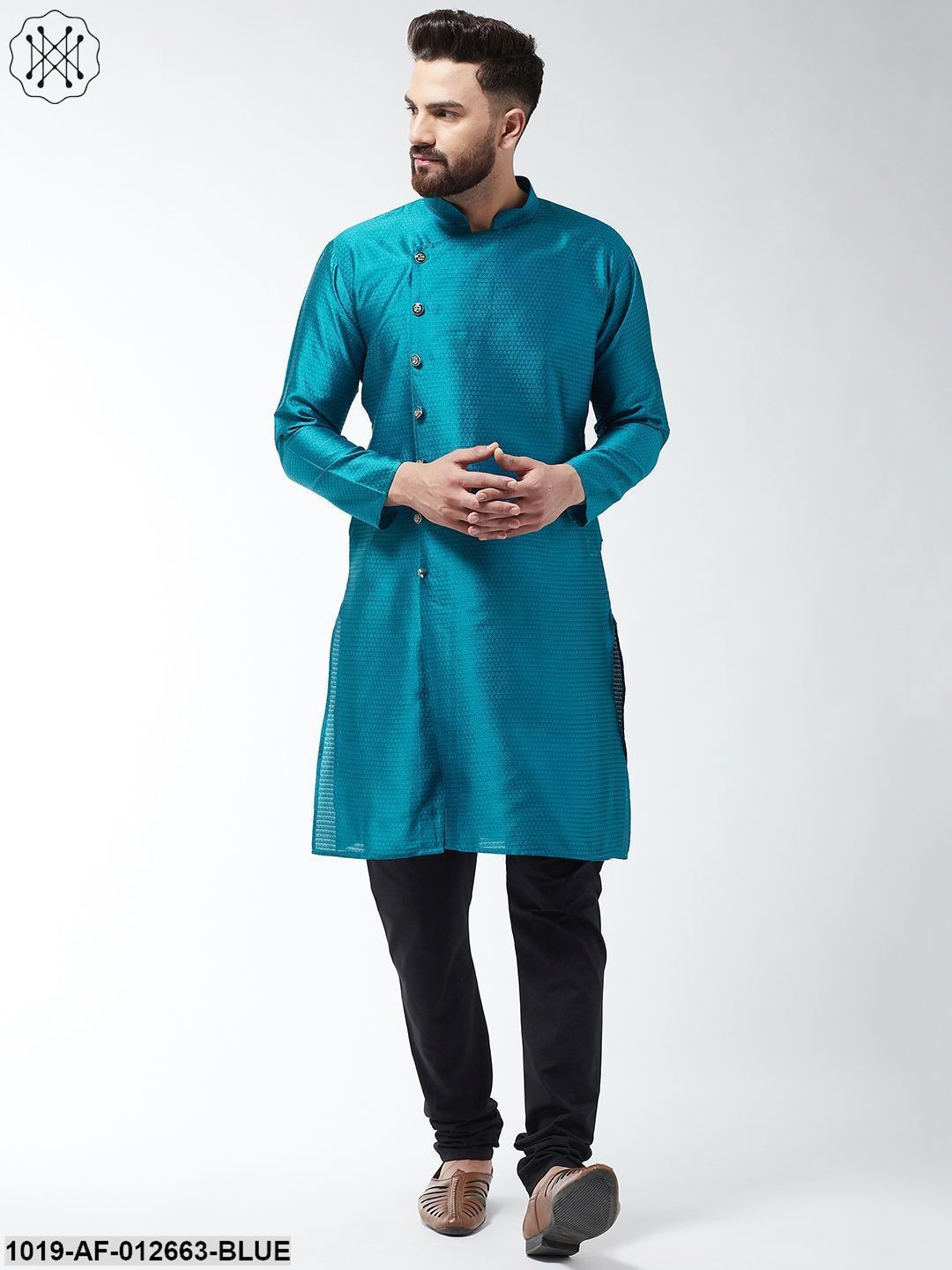 Men's Silk Blend Peacock Blue Kurta & Black Churidar Pyjama Set