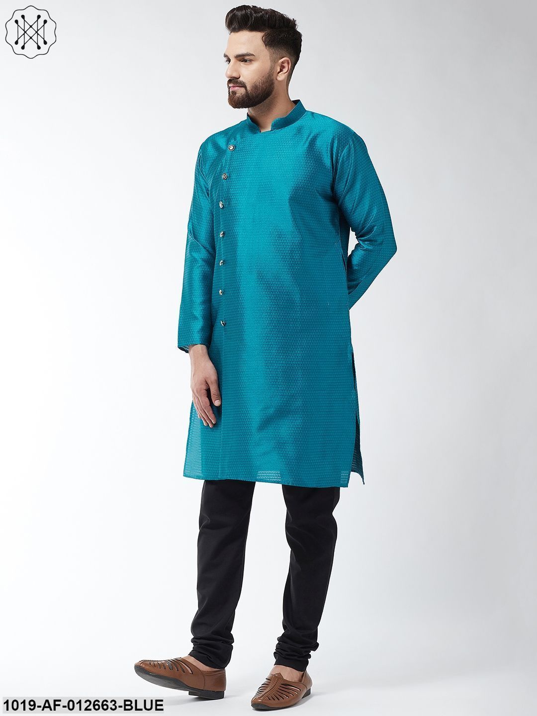 Men's Silk Blend Peacock Blue Kurta & Black Churidar Pyjama Set