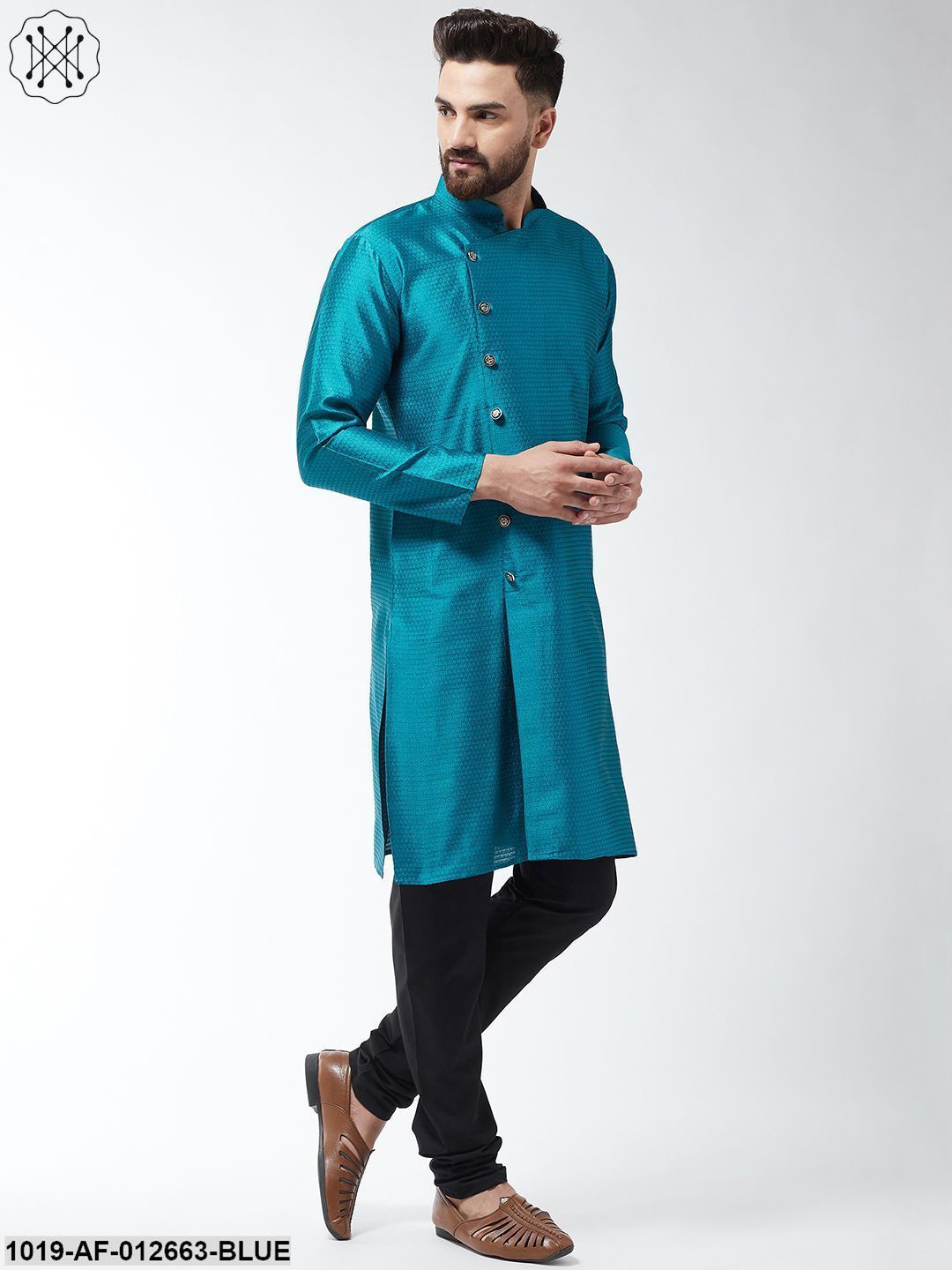 Men's Silk Blend Peacock Blue Kurta & Black Churidar Pyjama Set