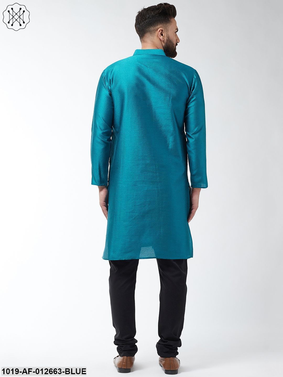 Men's Silk Blend Peacock Blue Kurta & Black Churidar Pyjama Set