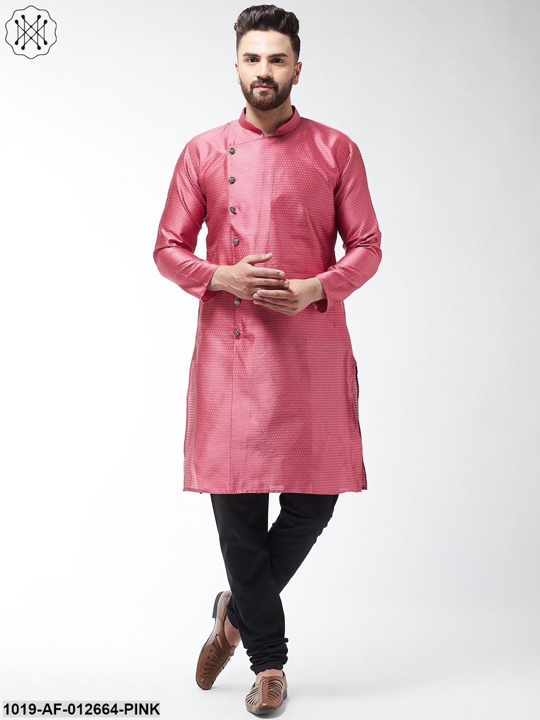 Men's Silk Blend Pink Kurta & Black Churidar Pyjama Set