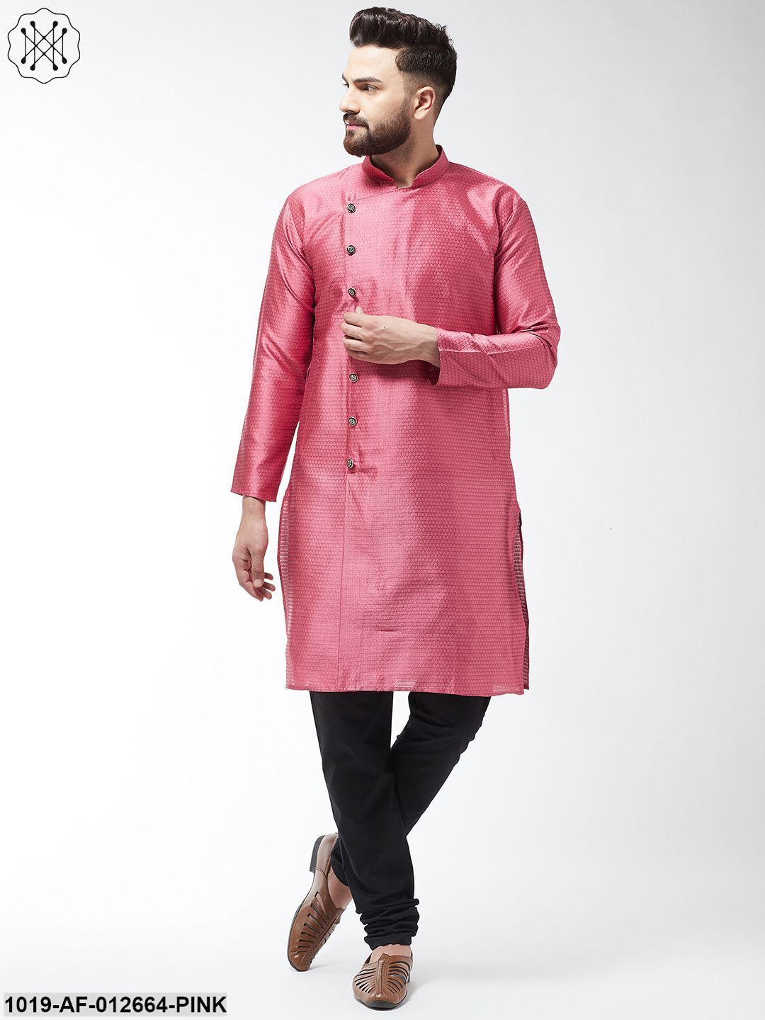 Men's Silk Blend Pink Kurta & Black Churidar Pyjama Set
