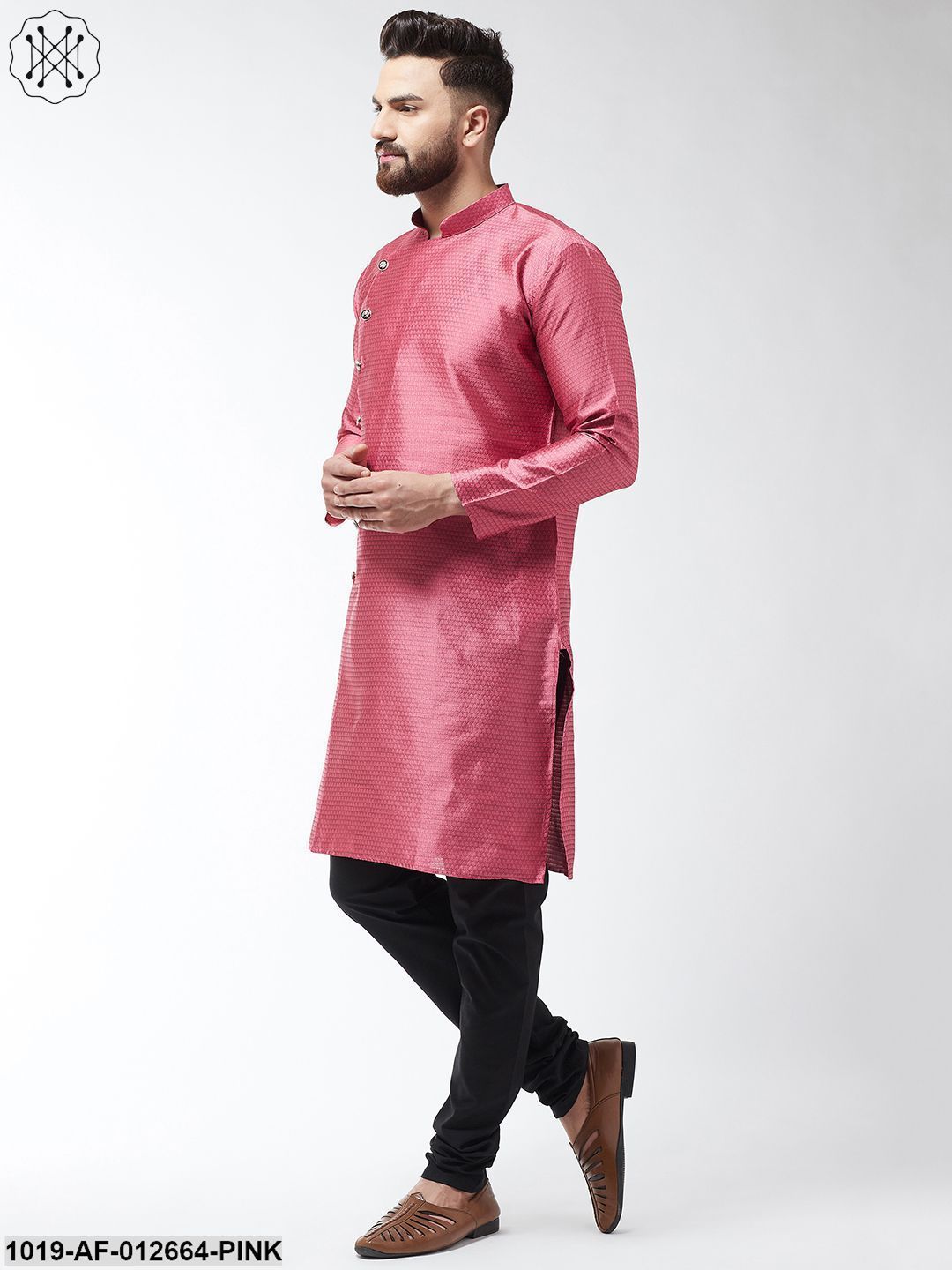 Men's Silk Blend Pink Kurta & Black Churidar Pyjama Set