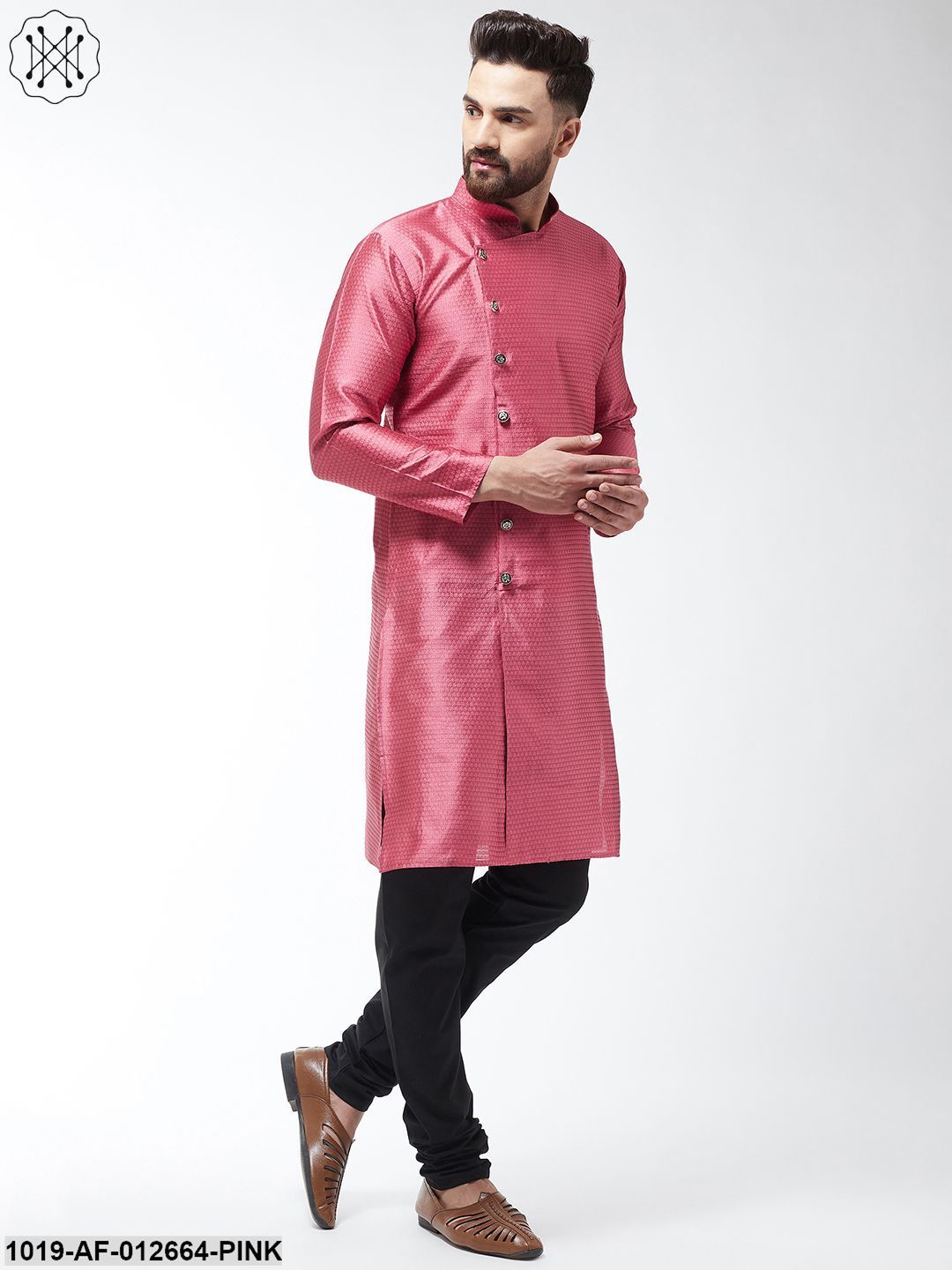 Men's Silk Blend Pink Kurta & Black Churidar Pyjama Set