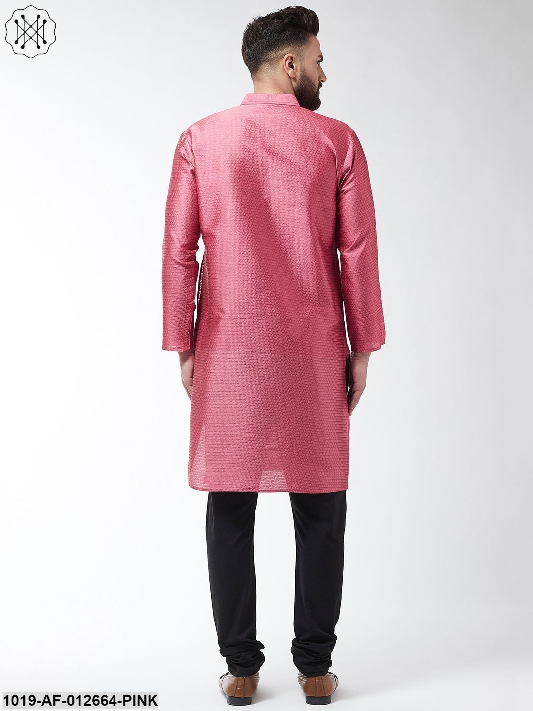 Men's Silk Blend Pink Kurta & Black Churidar Pyjama Set
