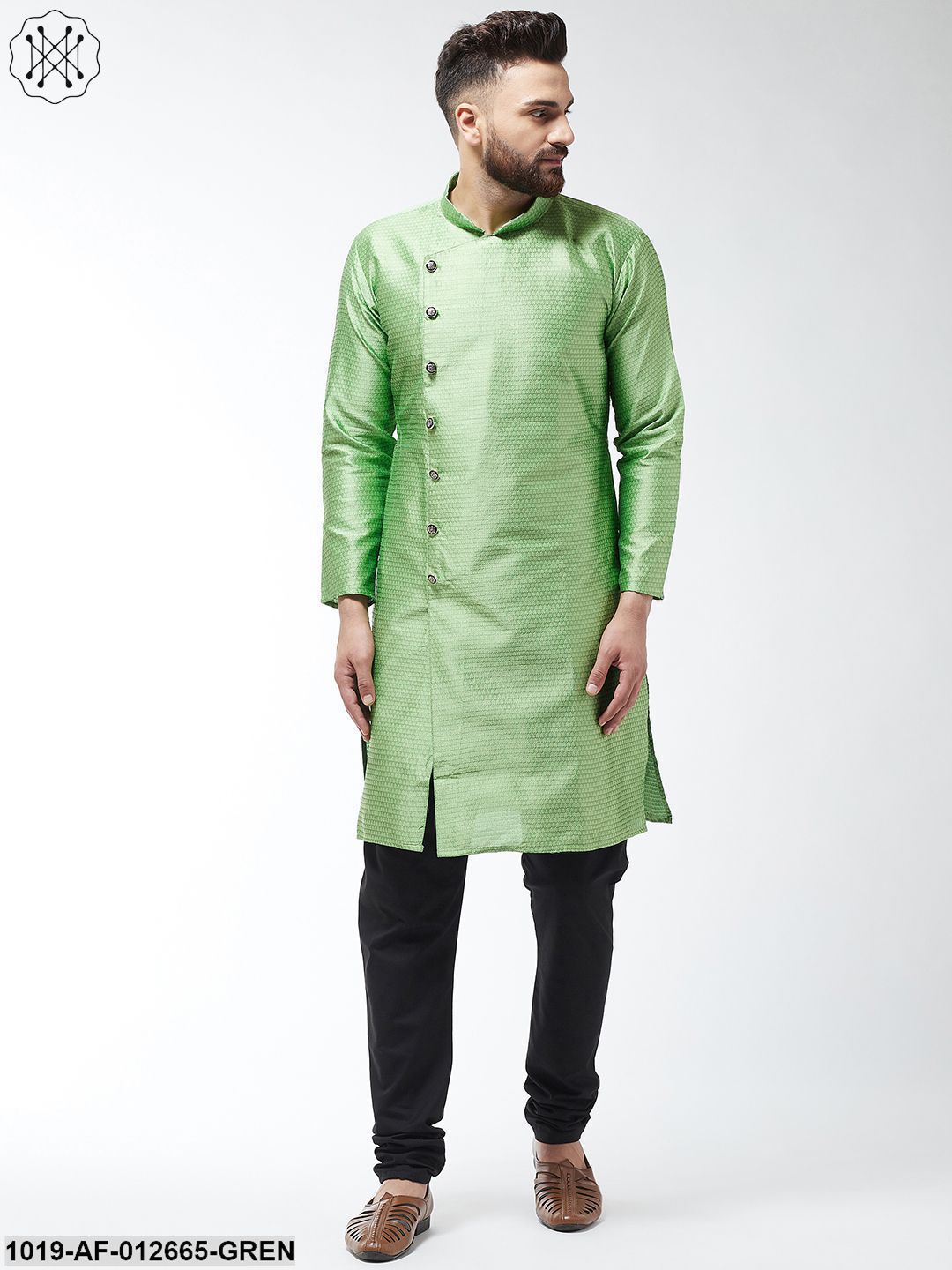 Men's Silk Blend Green Kurta & Black Churidar Pyjama Set