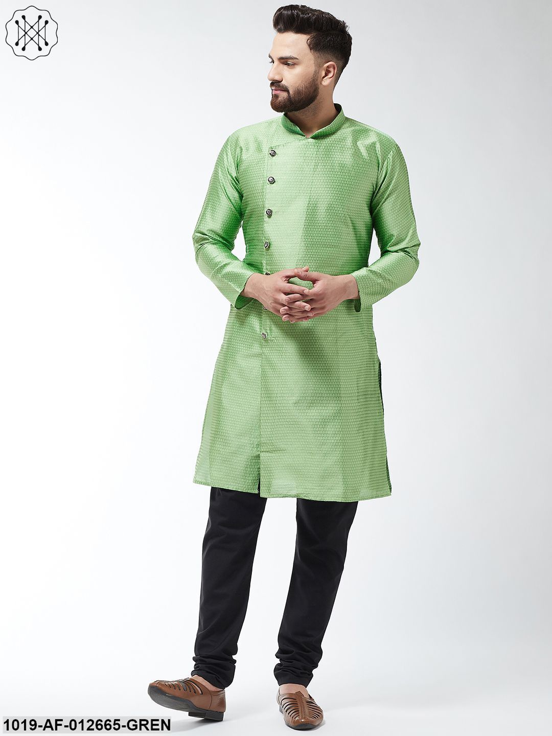Men's Silk Blend Green Kurta & Black Churidar Pyjama Set