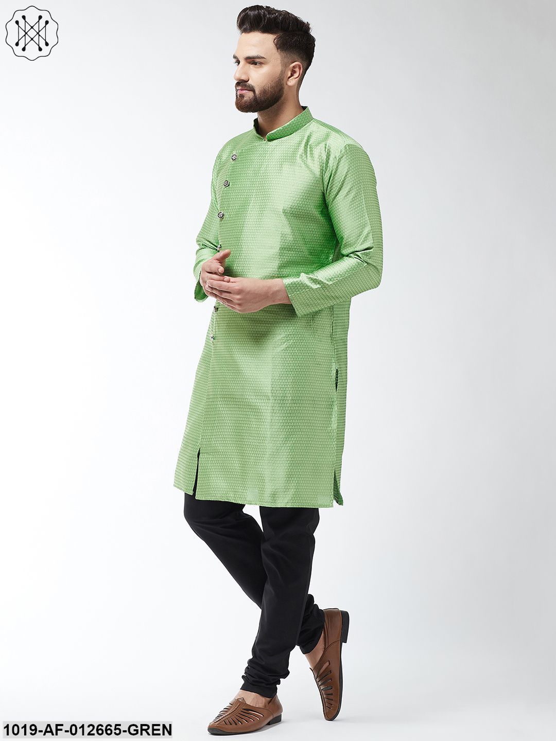 Men's Silk Blend Green Kurta & Black Churidar Pyjama Set