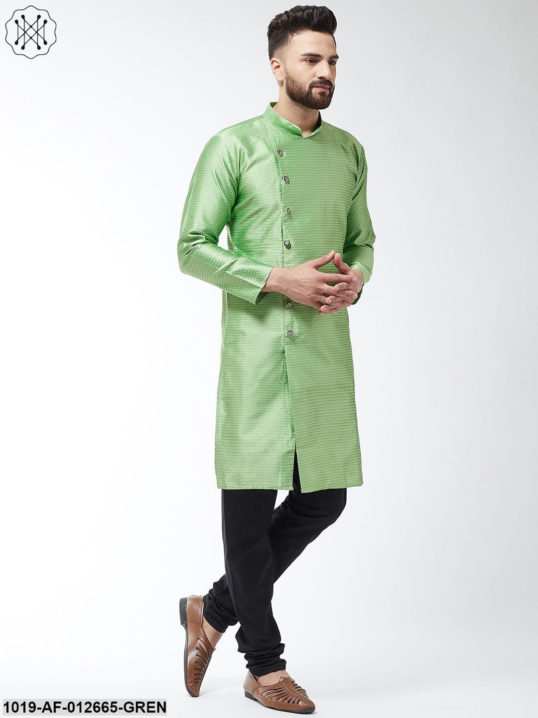 Men's Silk Blend Green Kurta & Black Churidar Pyjama Set