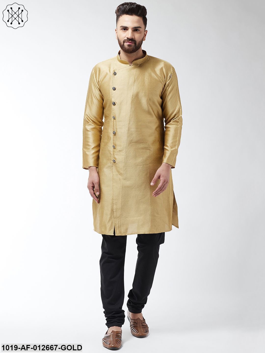 Men's Silk Blend Gold Kurta & Black Churidar Pyjama Set