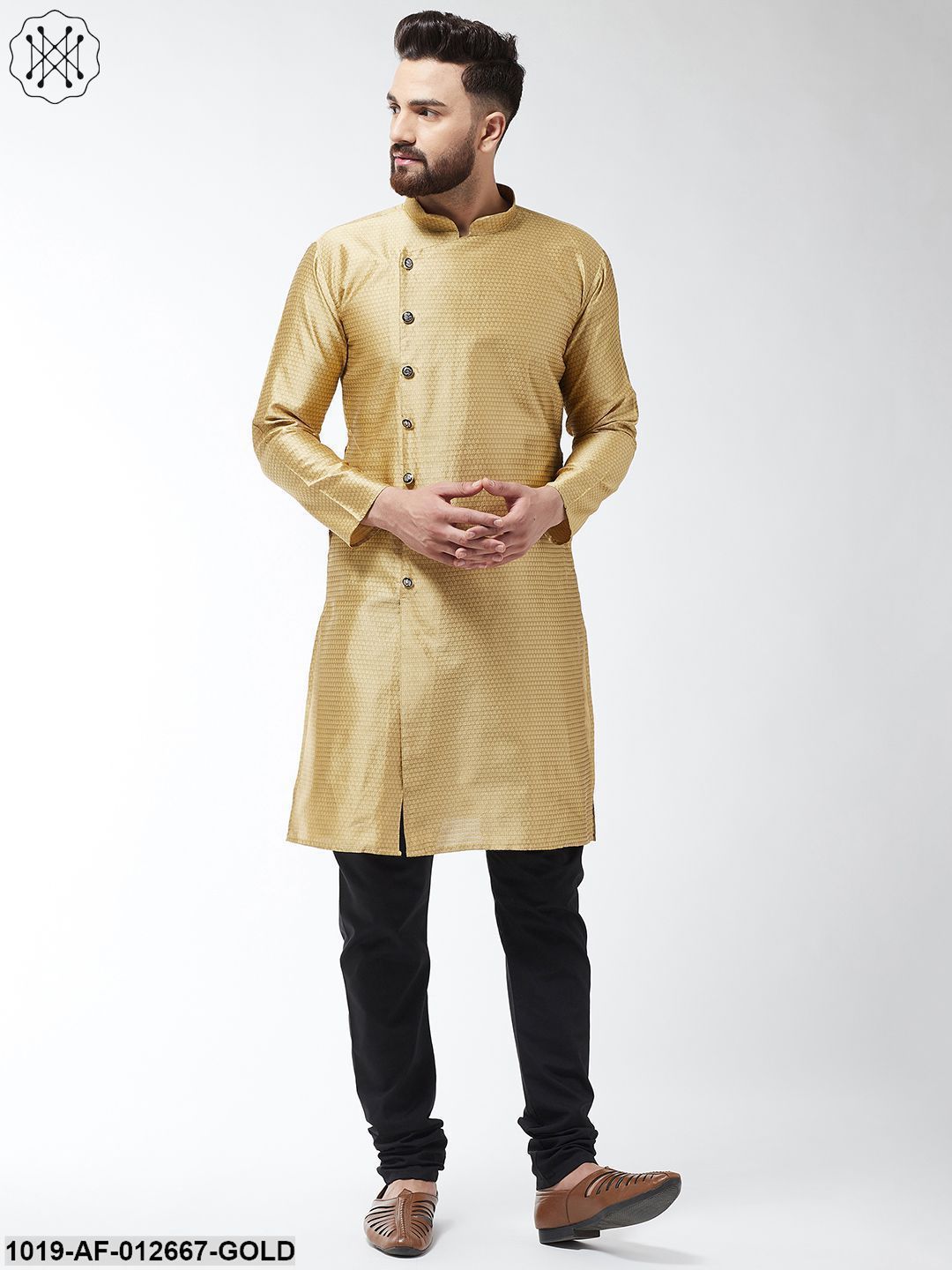 Men's Silk Blend Gold Kurta & Black Churidar Pyjama Set