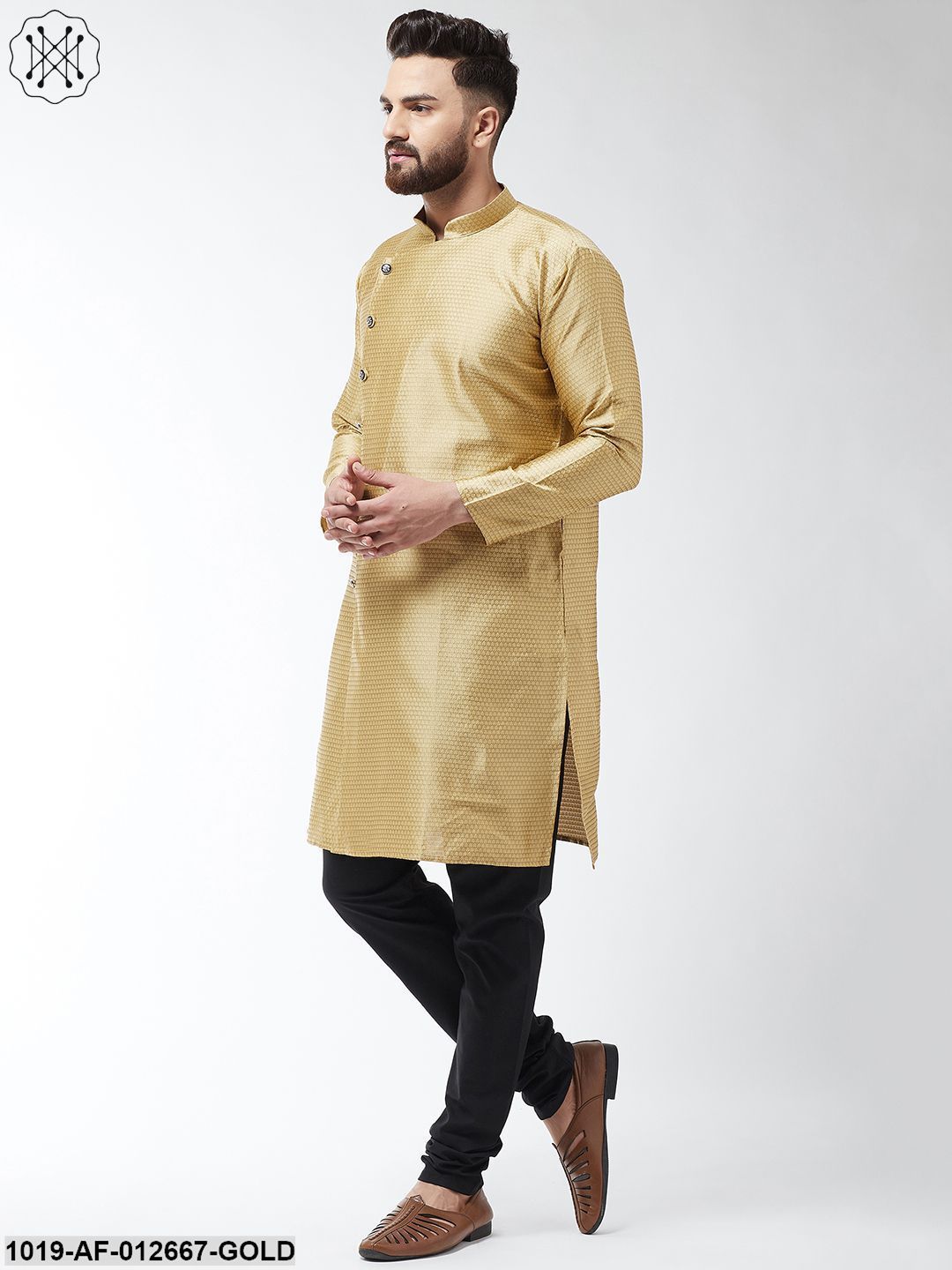 Men's Silk Blend Gold Kurta & Black Churidar Pyjama Set