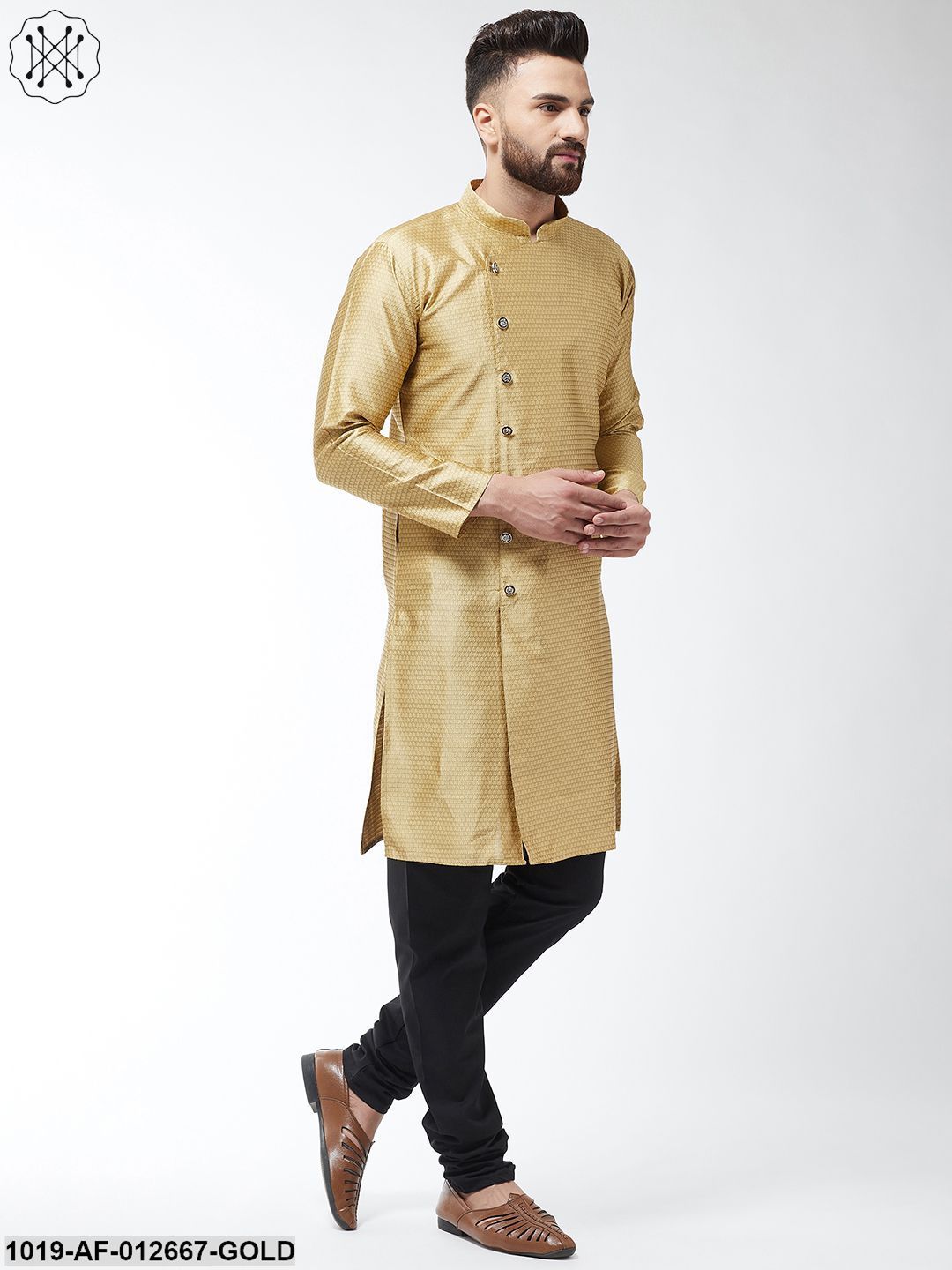 Men's Silk Blend Gold Kurta & Black Churidar Pyjama Set