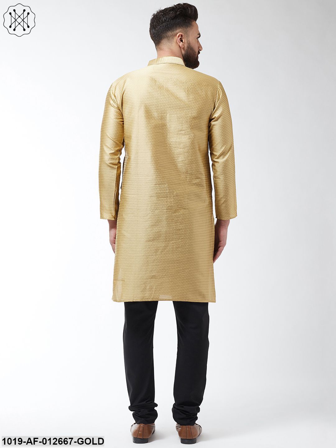 Men's Silk Blend Gold Kurta & Black Churidar Pyjama Set