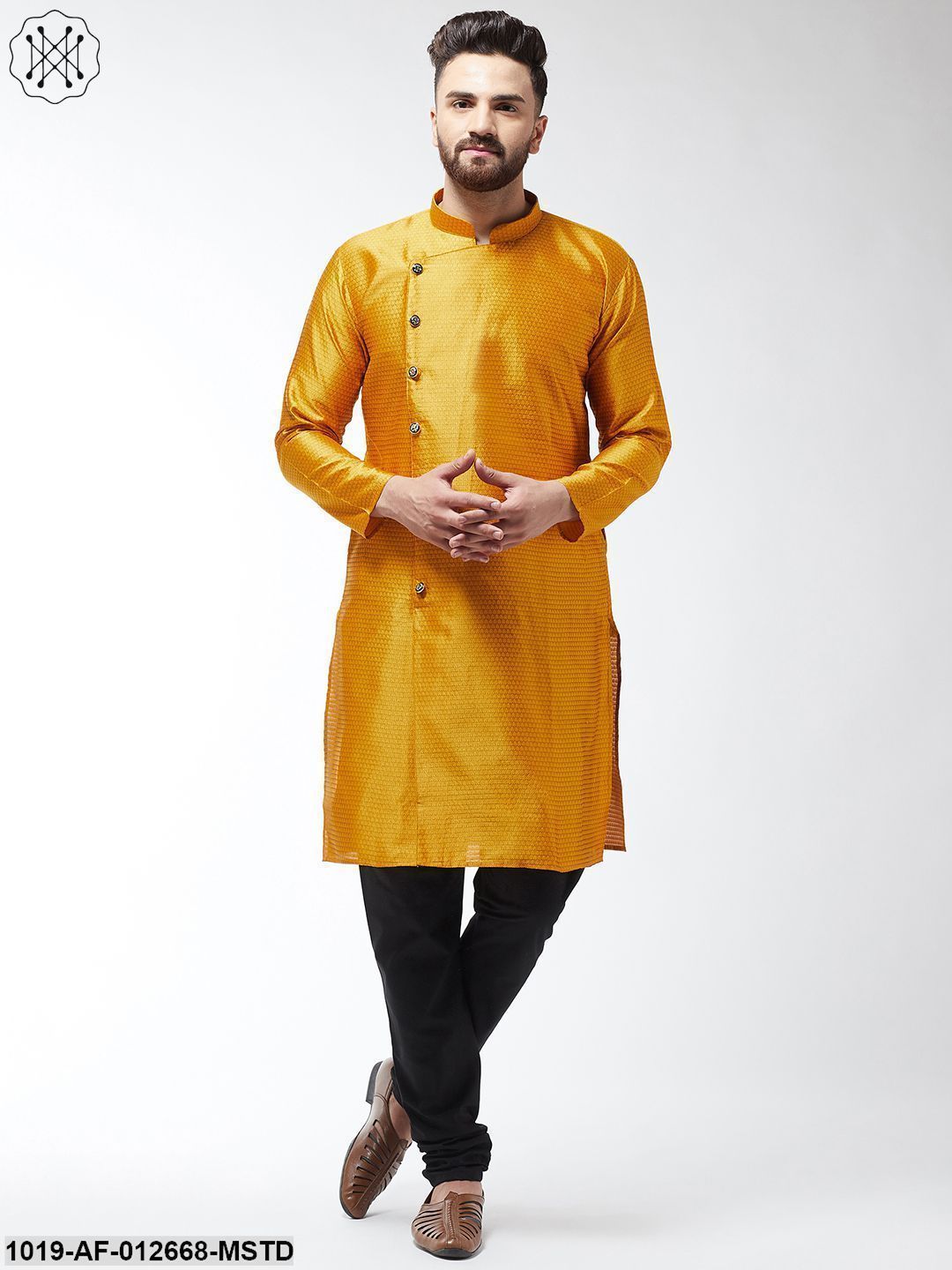 Men's Silk Blend Mustard Kurta & Black Churidar Pyjama Set