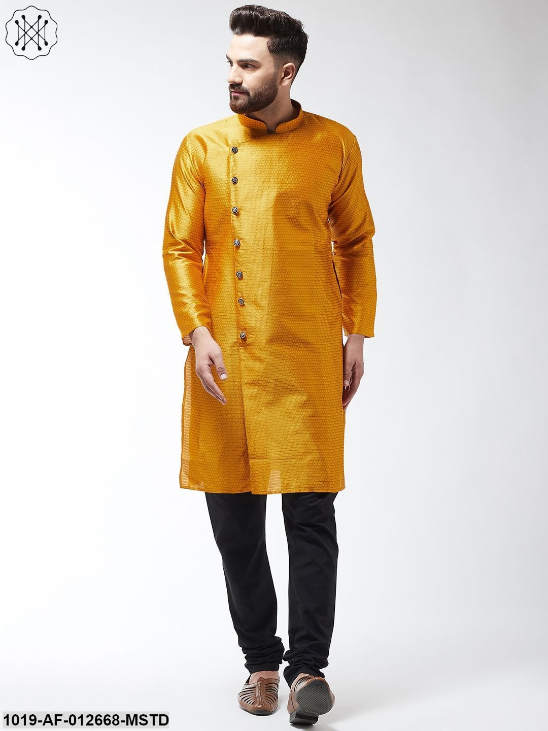 Men's Silk Blend Mustard Kurta & Black Churidar Pyjama Set