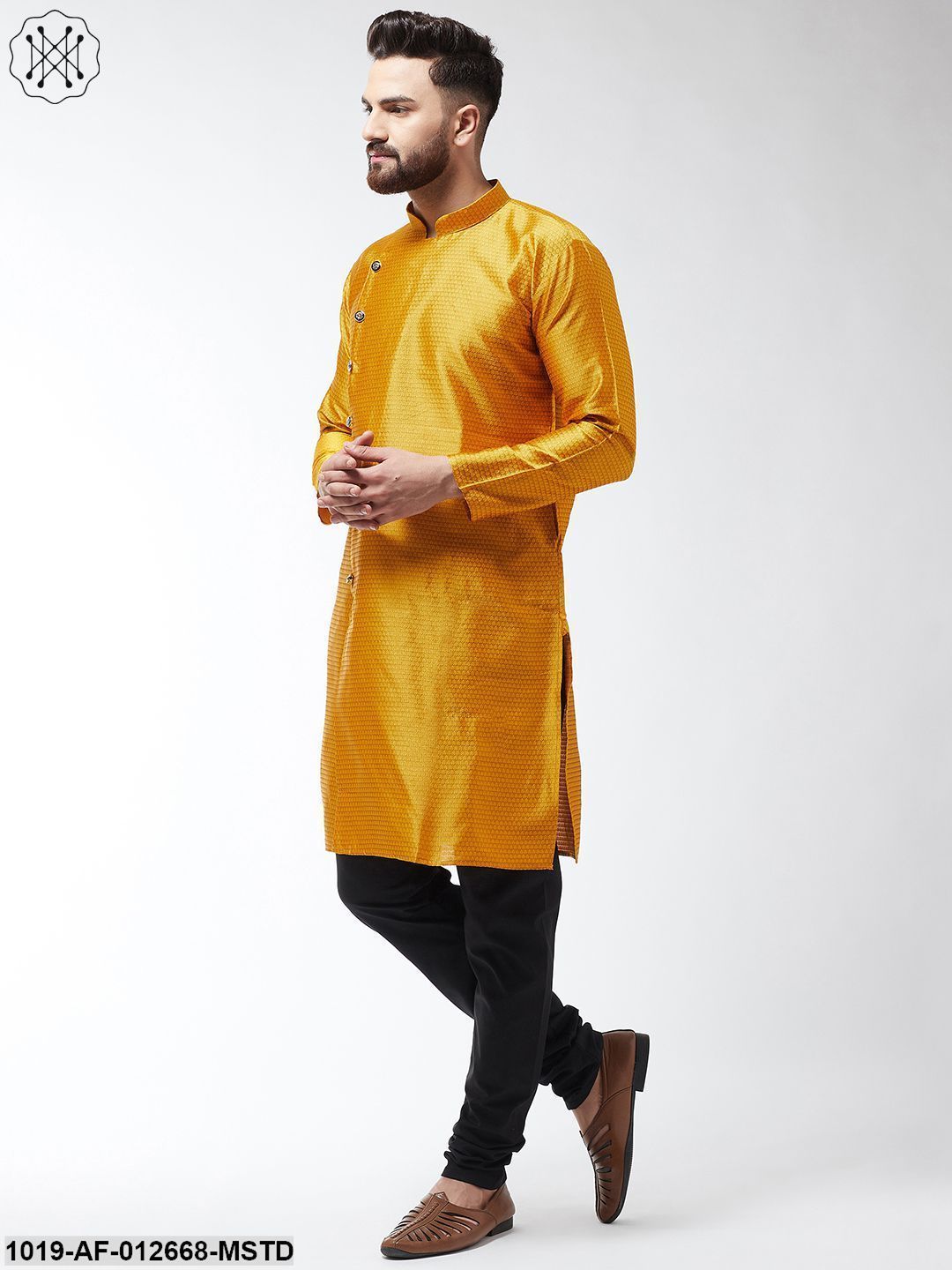 Men's Silk Blend Mustard Kurta & Black Churidar Pyjama Set
