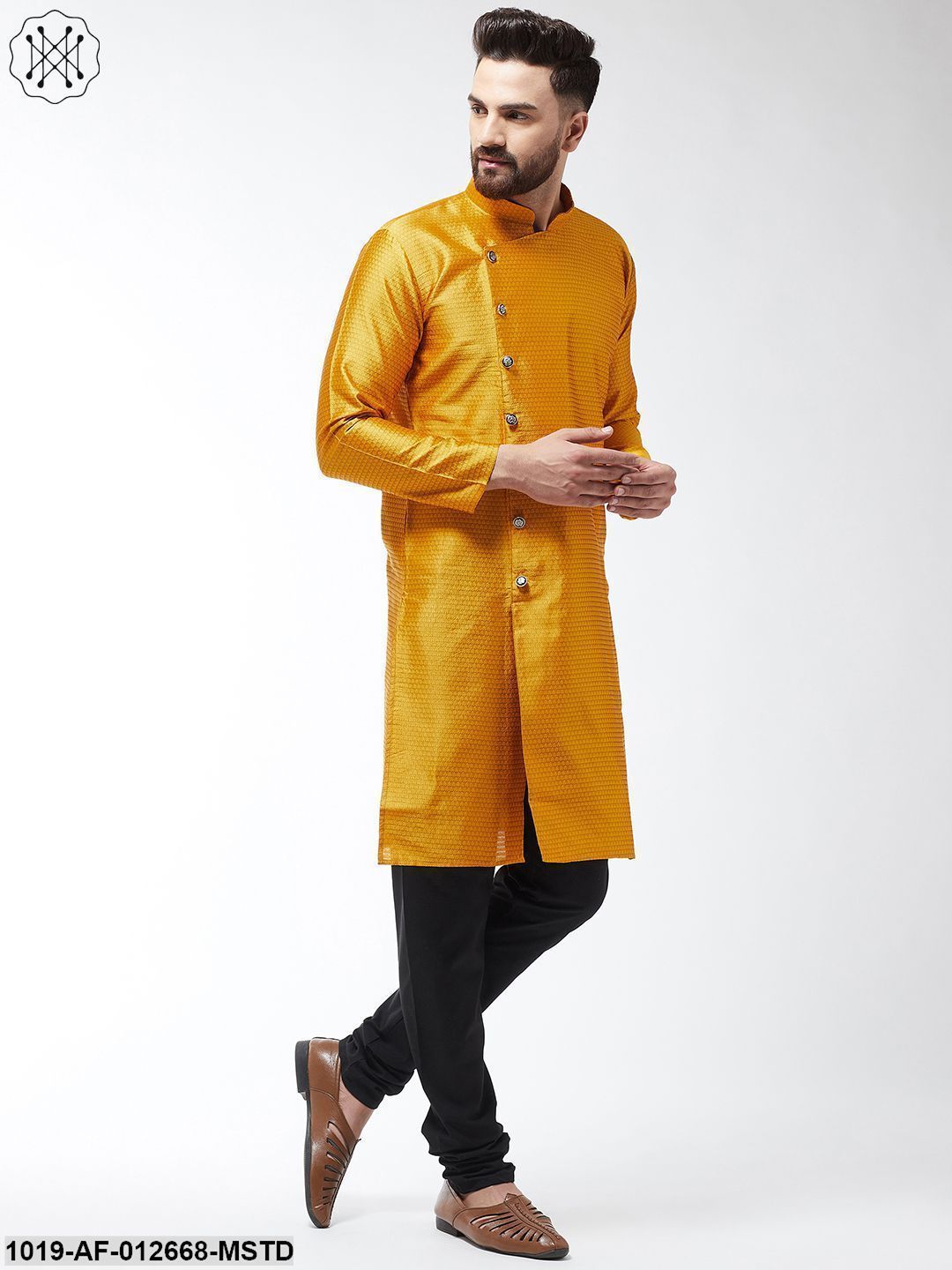Men's Silk Blend Mustard Kurta & Black Churidar Pyjama Set