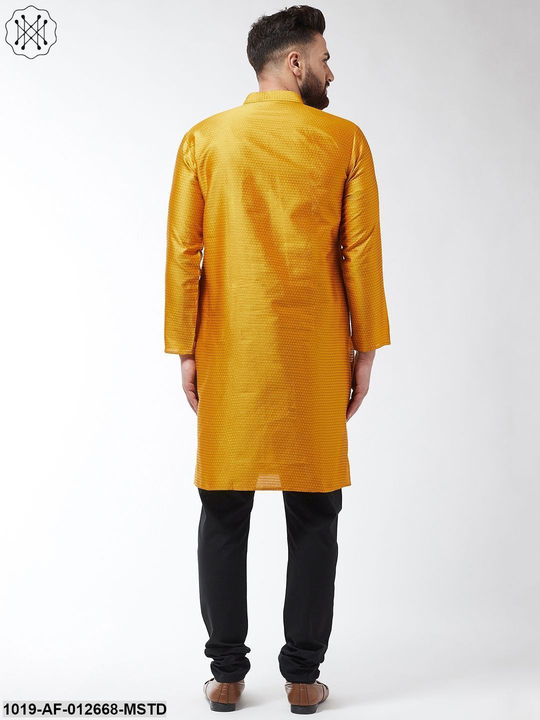 Men's Silk Blend Mustard Kurta & Black Churidar Pyjama Set