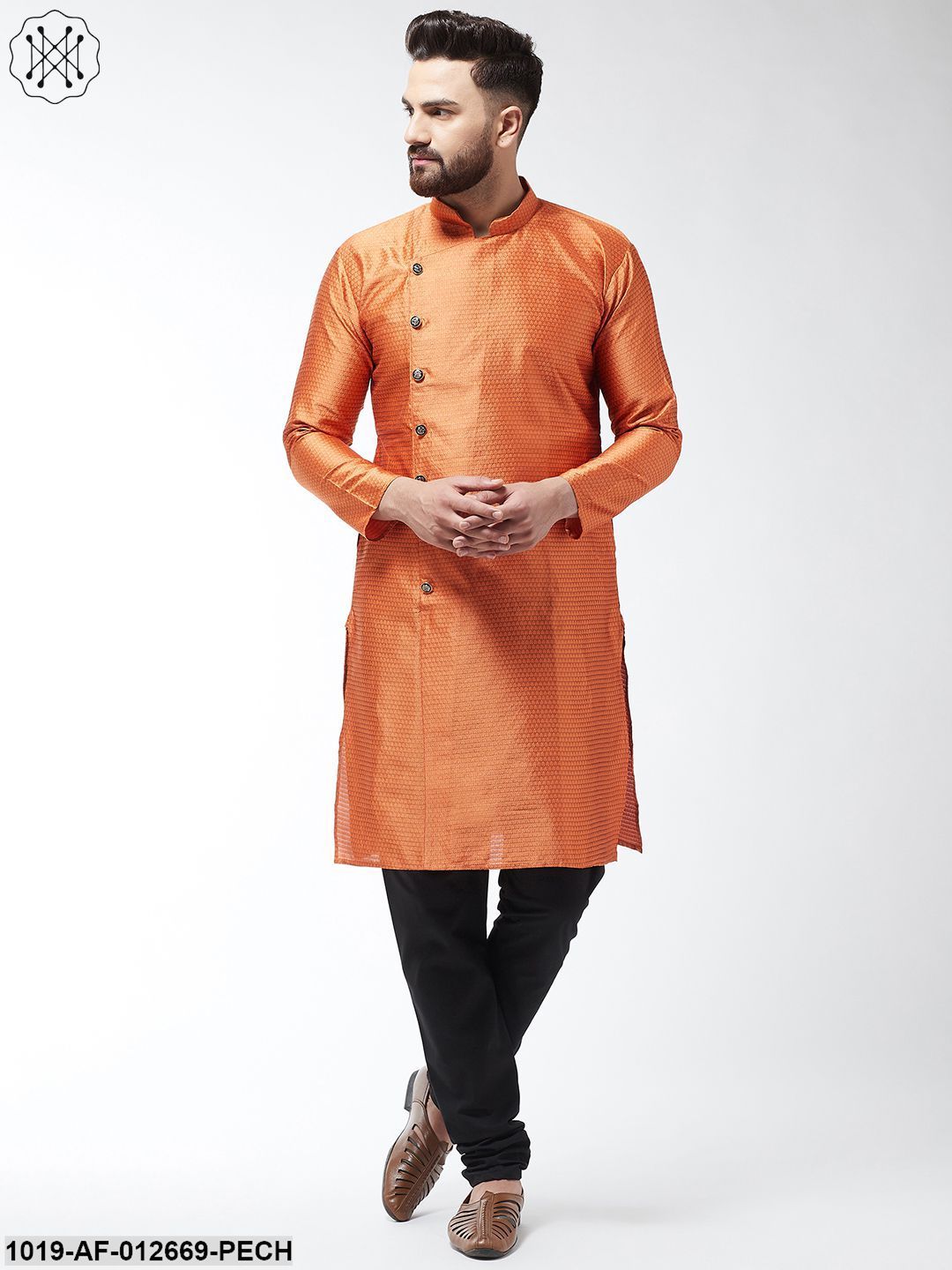 Men's Silk Blend Peach Kurta & Black Churidar Pyjama Set