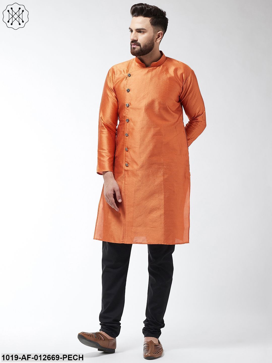 Men's Silk Blend Peach Kurta & Black Churidar Pyjama Set