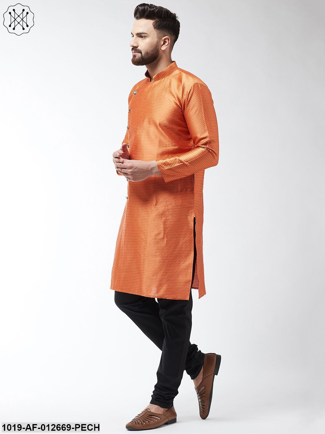 Men's Silk Blend Peach Kurta & Black Churidar Pyjama Set