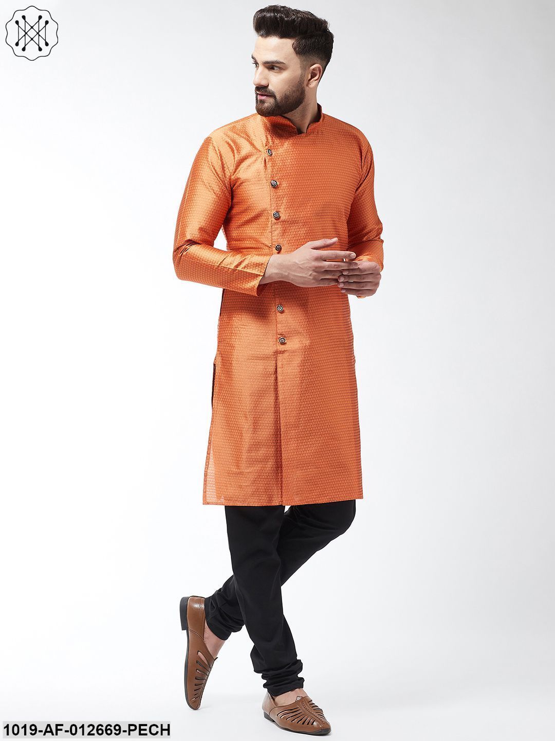 Men's Silk Blend Peach Kurta & Black Churidar Pyjama Set