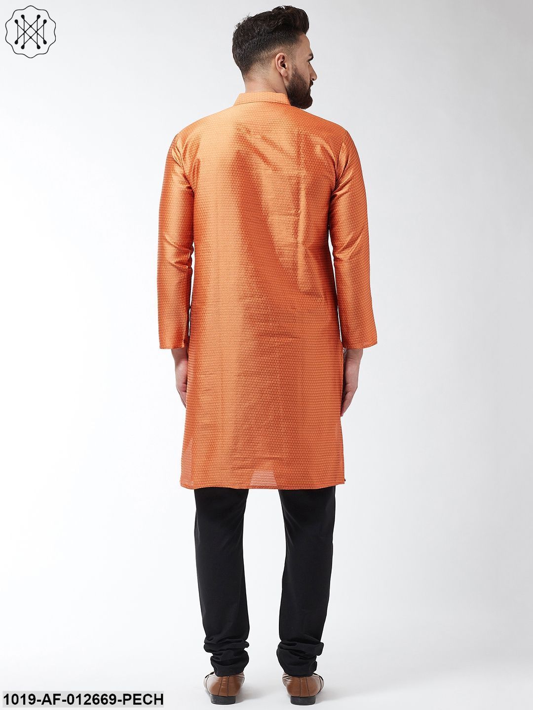 Men's Silk Blend Peach Kurta & Black Churidar Pyjama Set