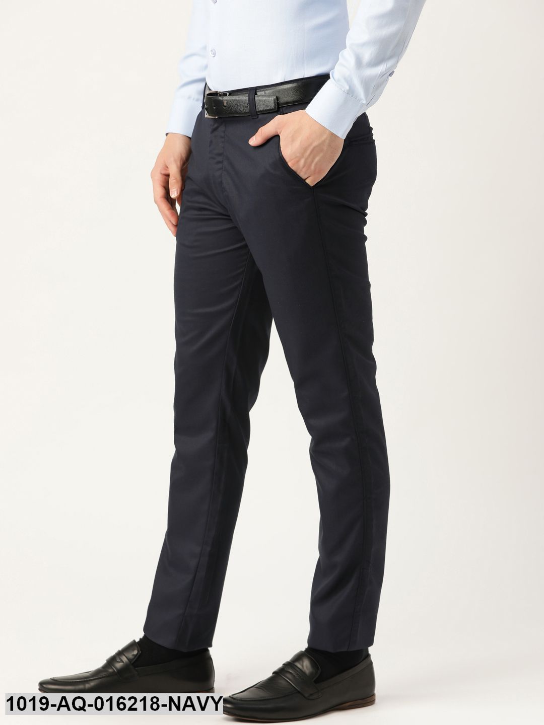 Men's Cotton Blend Dark Navy Blue Solid Formal Trousers - Sojanya