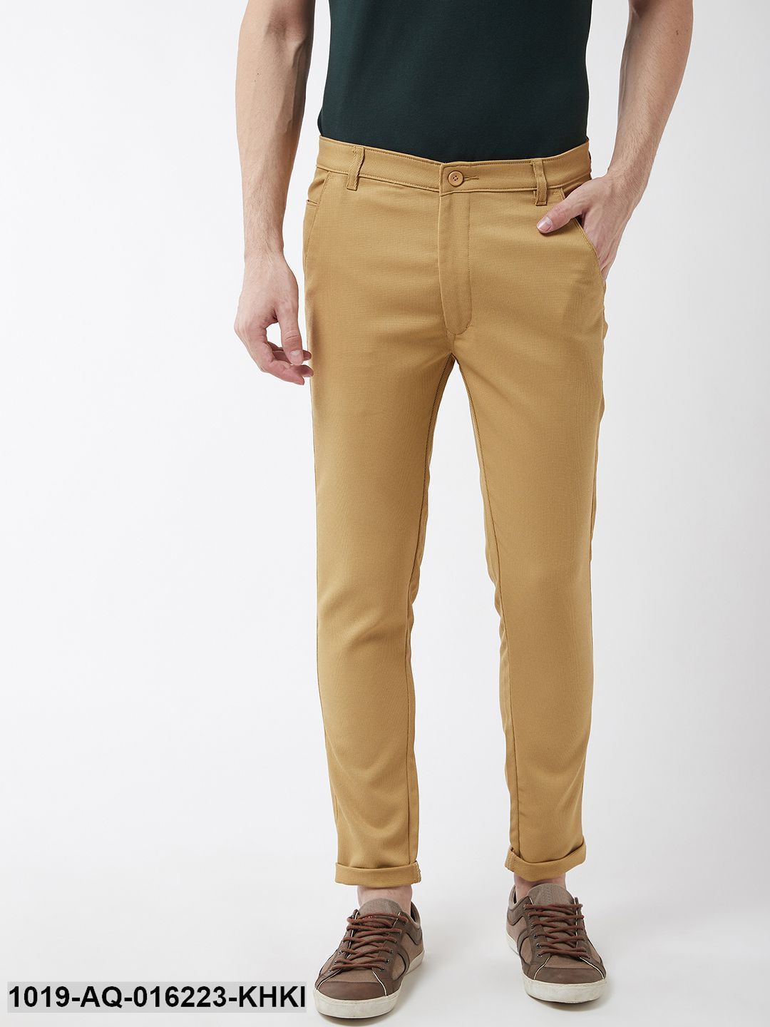 Men's Cotton Blend Khaki Woven Design Casual Trousers - Sojanya