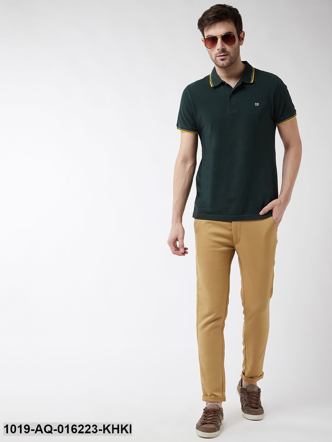 Men's Cotton Blend Khaki Woven Design Casual Trousers - Sojanya