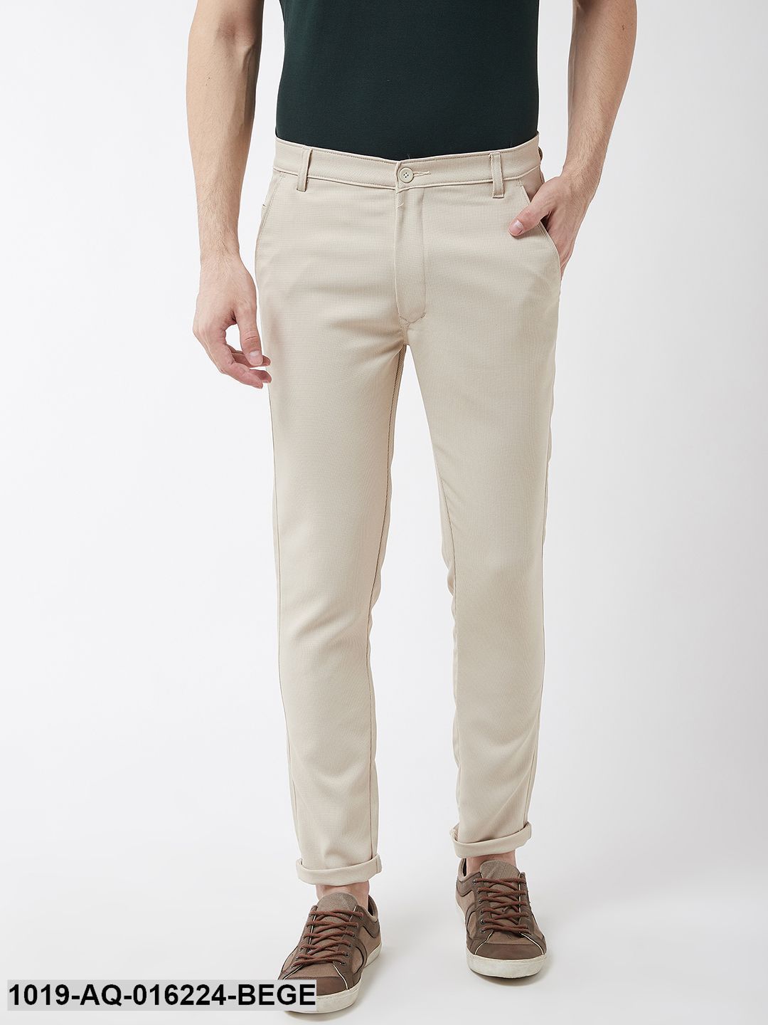 Men's Cotton Blend Beige Woven Design Casual Trousers - Sojanya