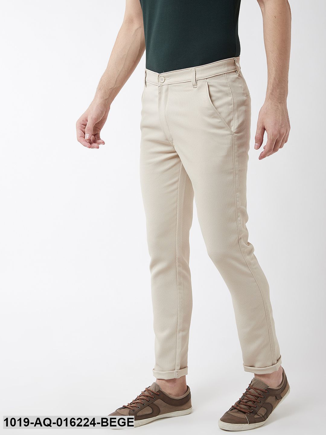 Men's Cotton Blend Beige Woven Design Casual Trousers - Sojanya