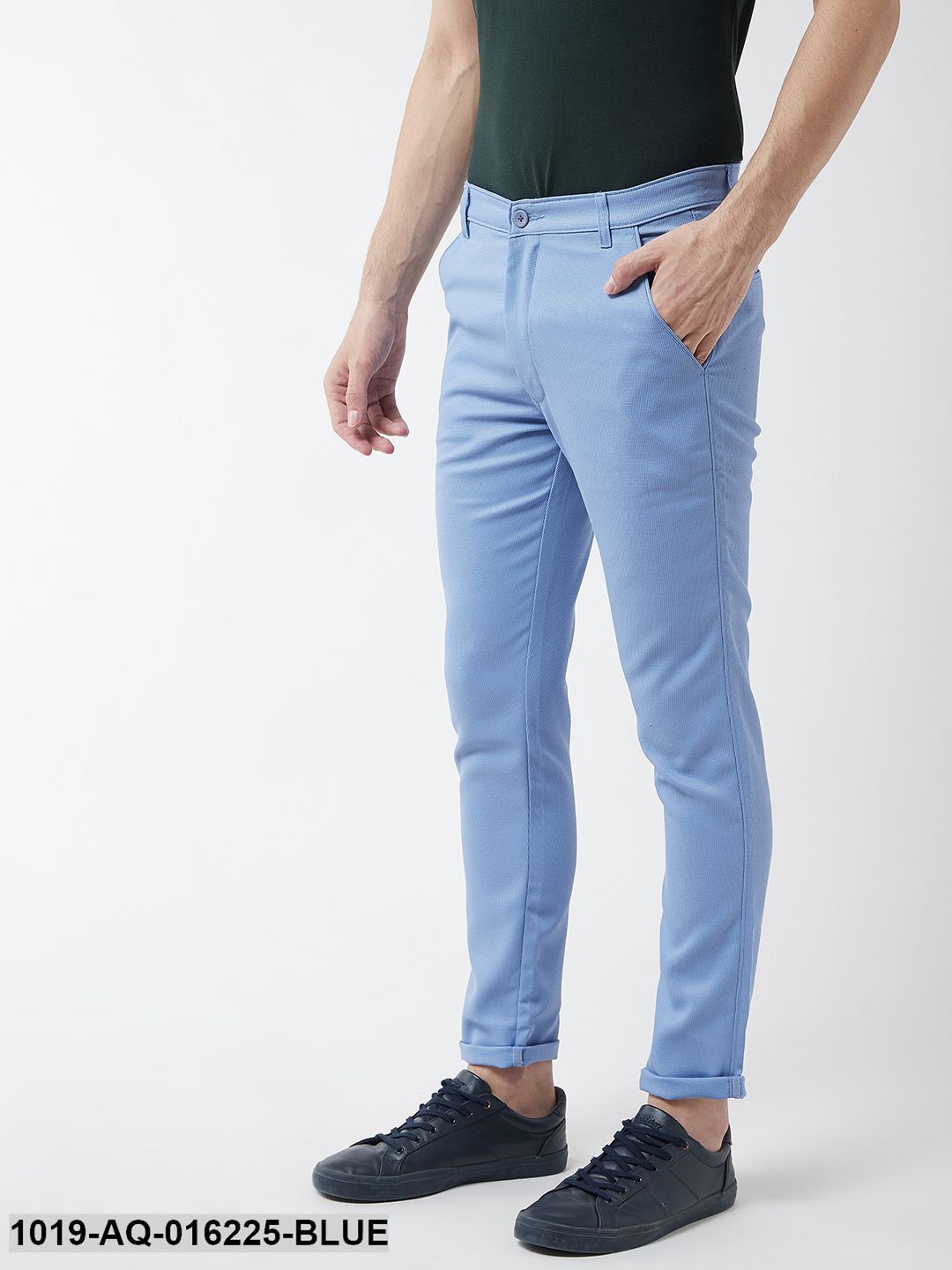 Men's Cotton Blend Blue Woven Design Casual Trousers - Sojanya