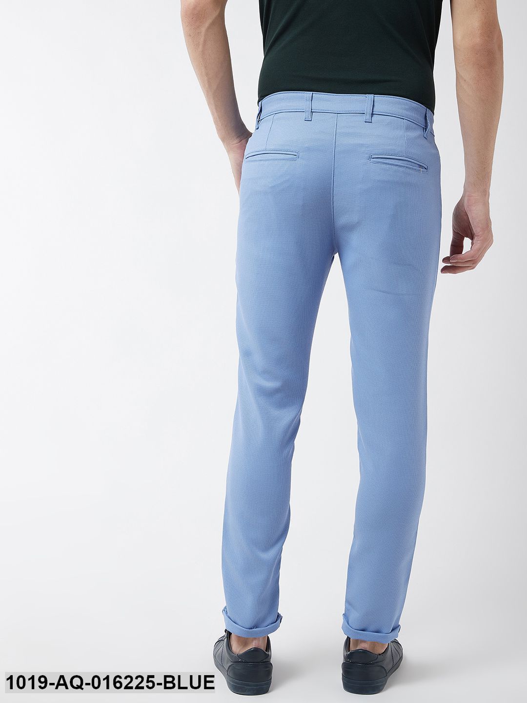 Men's Cotton Blend Blue Woven Design Casual Trousers - Sojanya