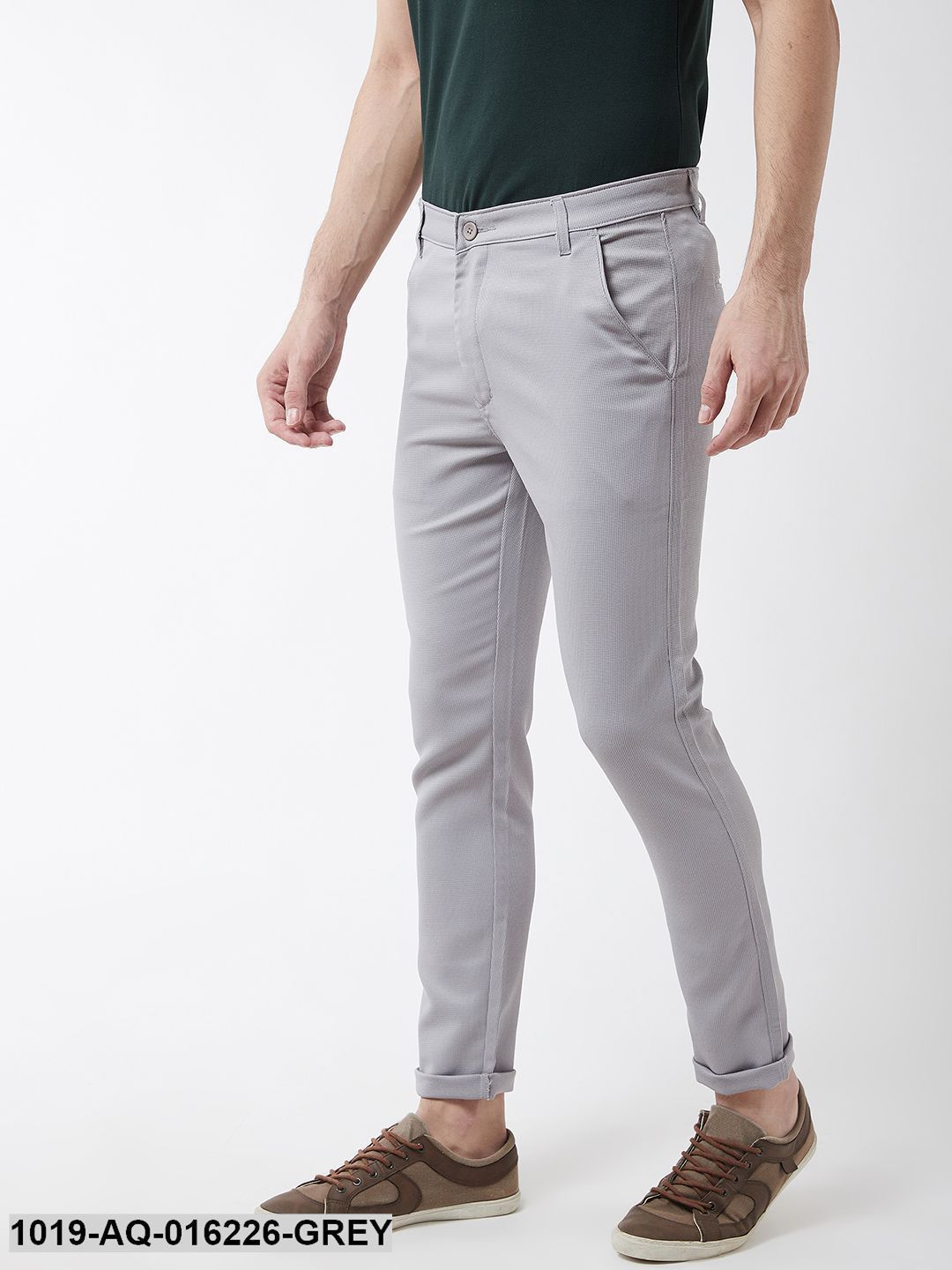 Men's Cotton Blend Grey Woven Design Casual Trousers - Sojanya