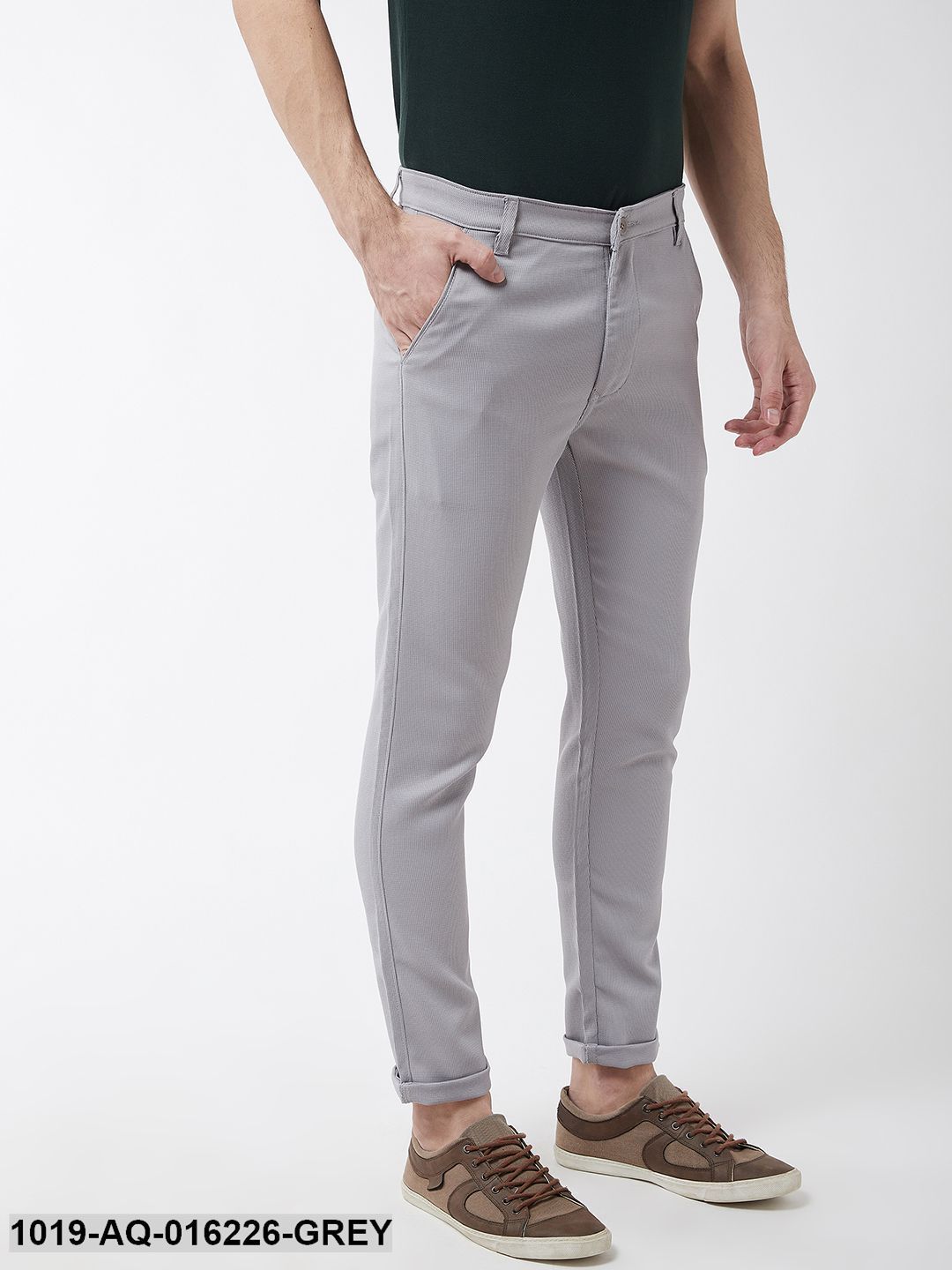 Men's Cotton Blend Grey Woven Design Casual Trousers - Sojanya