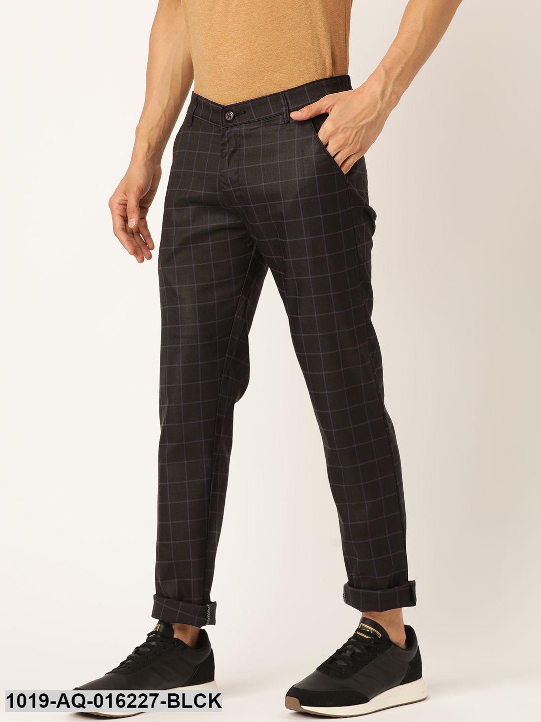 Men's Cotton Blend Black & Blue Checked Casual Trousers - Sojanya