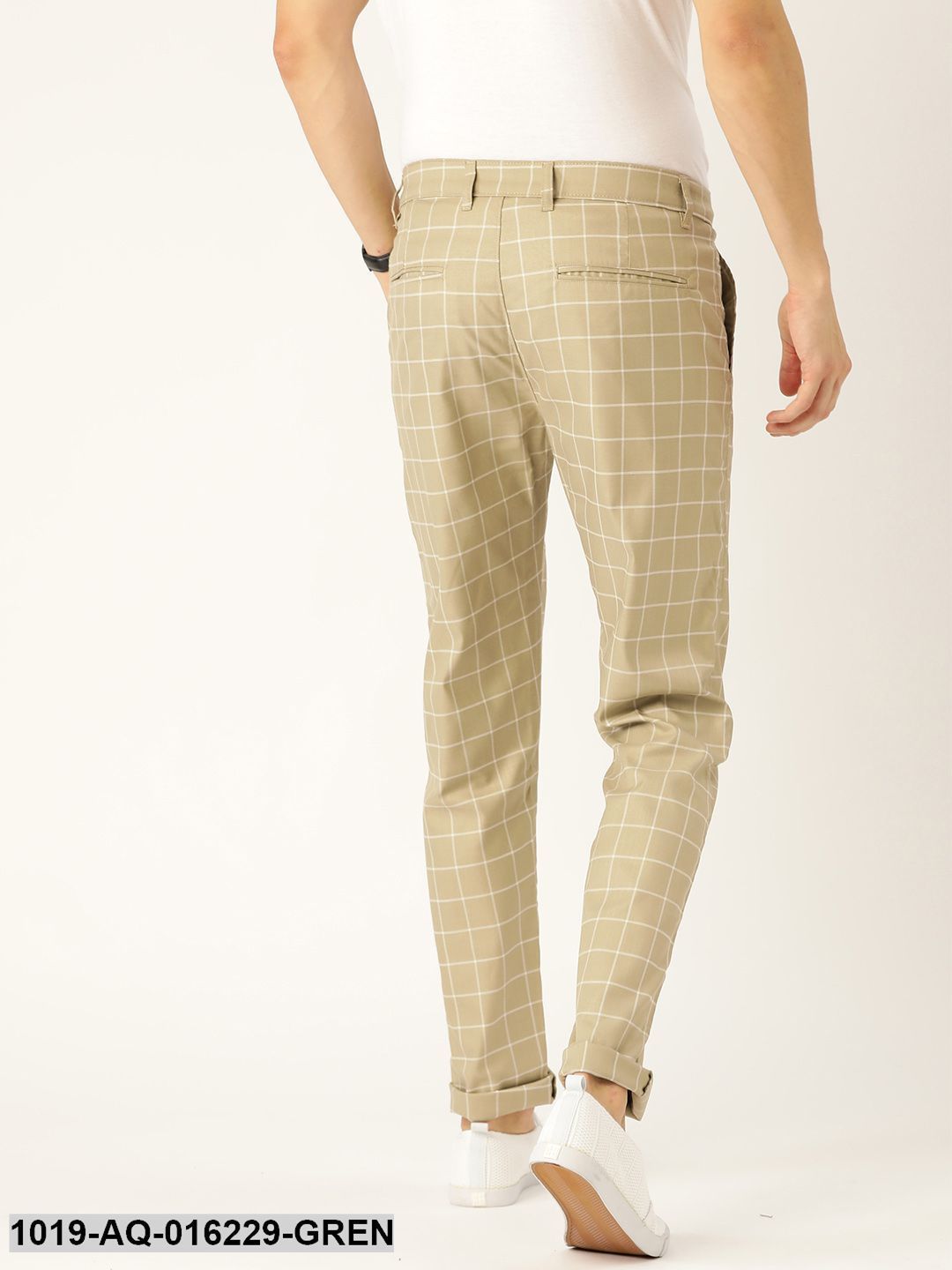 Men's Cotton Blend Dark Pista Green & Off White Checked Casual Trousers - Sojanya