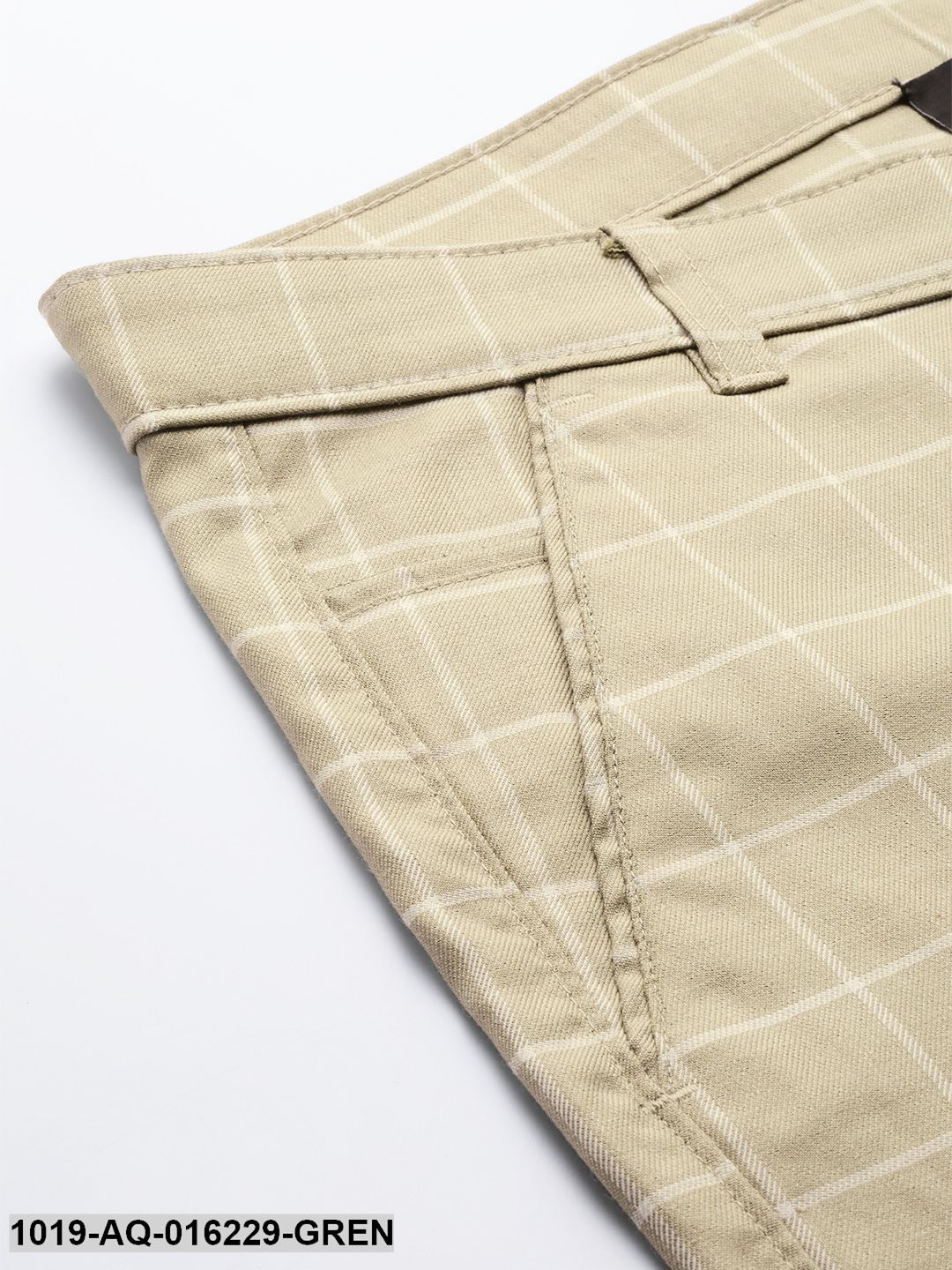 Men's Cotton Blend Dark Pista Green & Off White Checked Casual Trousers - Sojanya