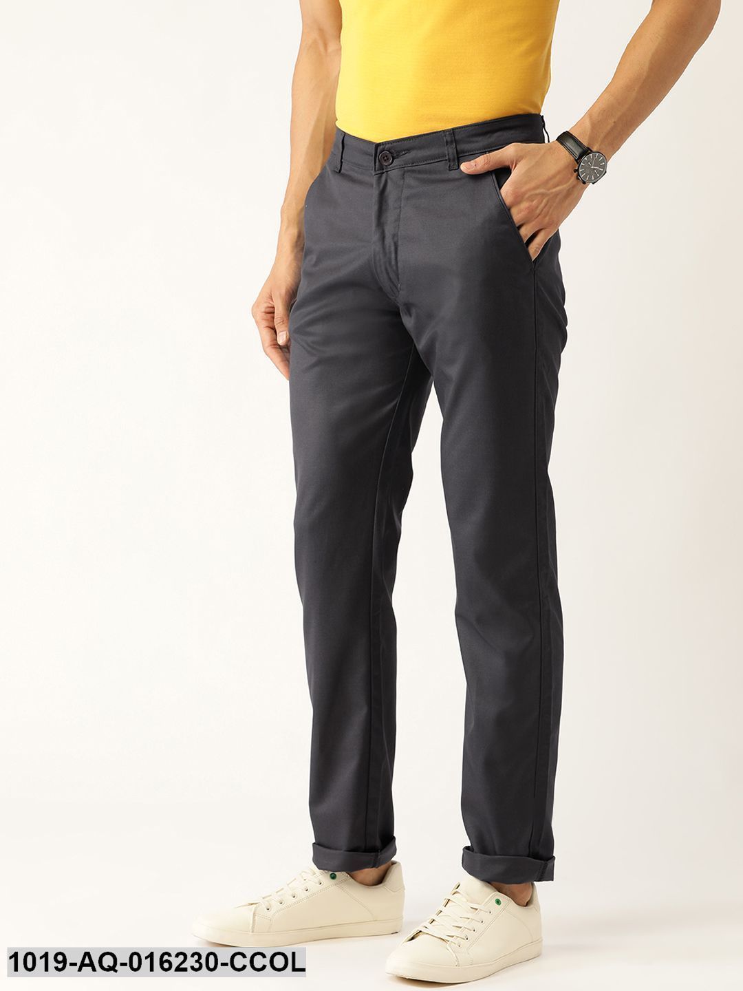 Men's Cotton Blend Charcoal Grey Solid Casual Trousers - Sojanya