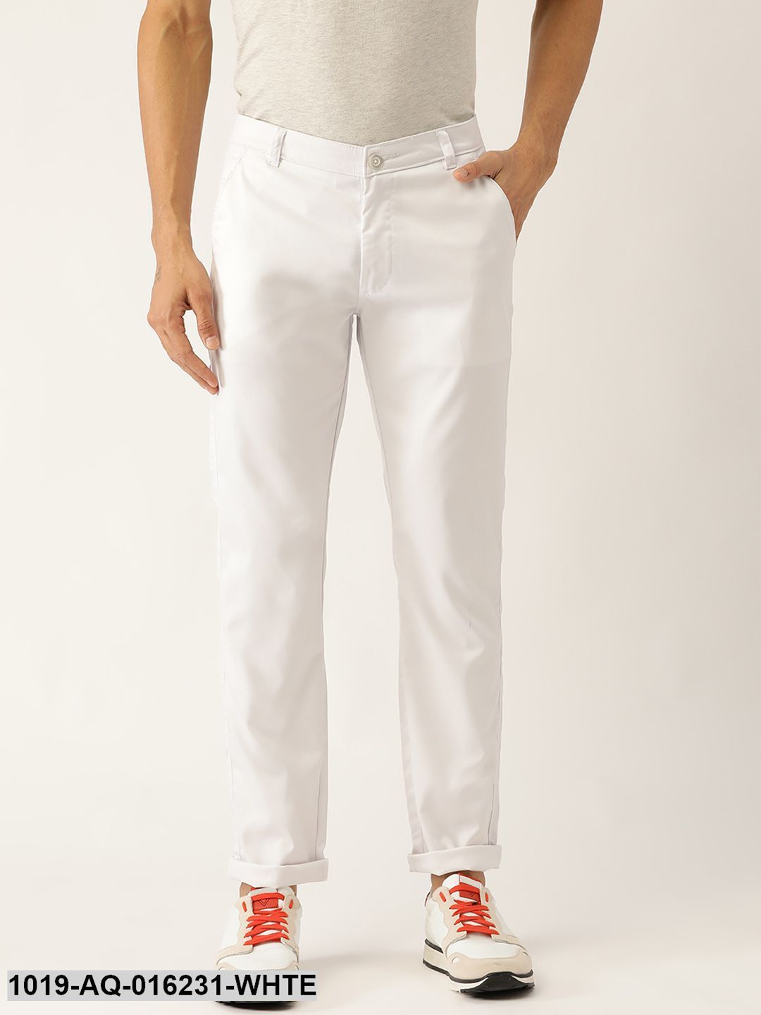 Men's Cotton Blend White Solid Casual Trousers - Sojanya