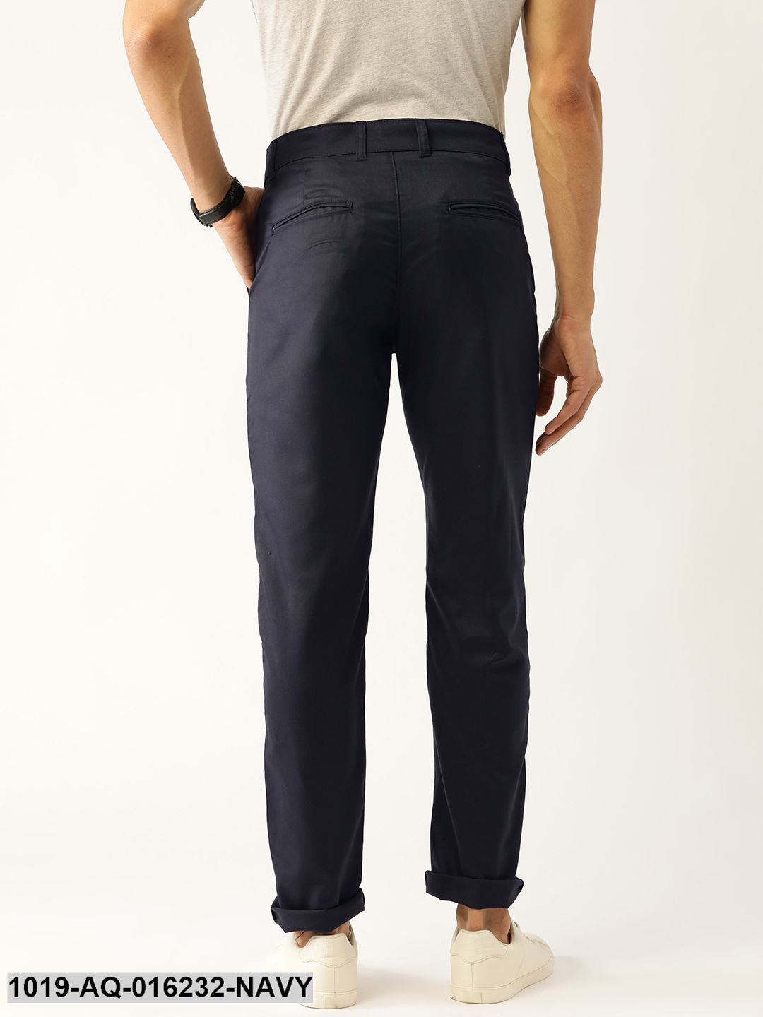 Men's Cotton Blend Dark Navy Blue Solid Casual Trousers - Sojanya