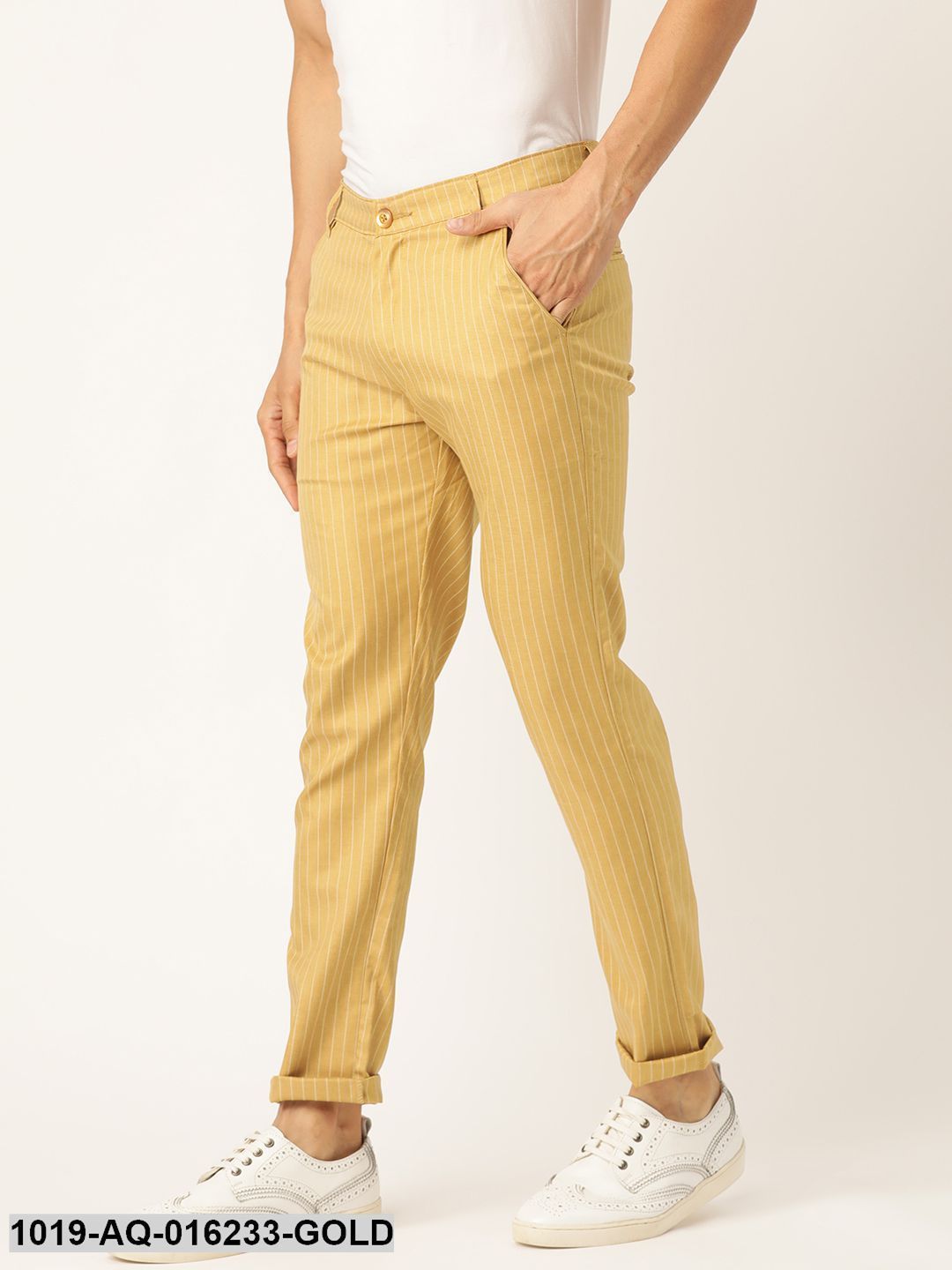 Men's Cotton Blend Gold & Off-white Striped Casual Trousers - Sojanya