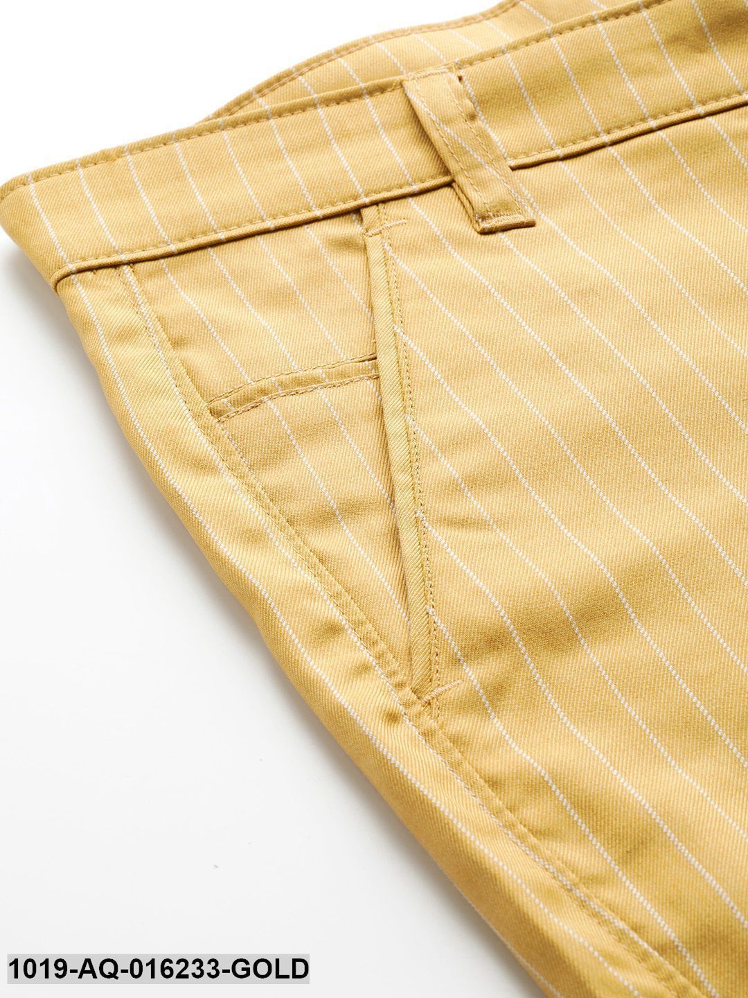 Men's Cotton Blend Gold & Off-white Striped Casual Trousers - Sojanya