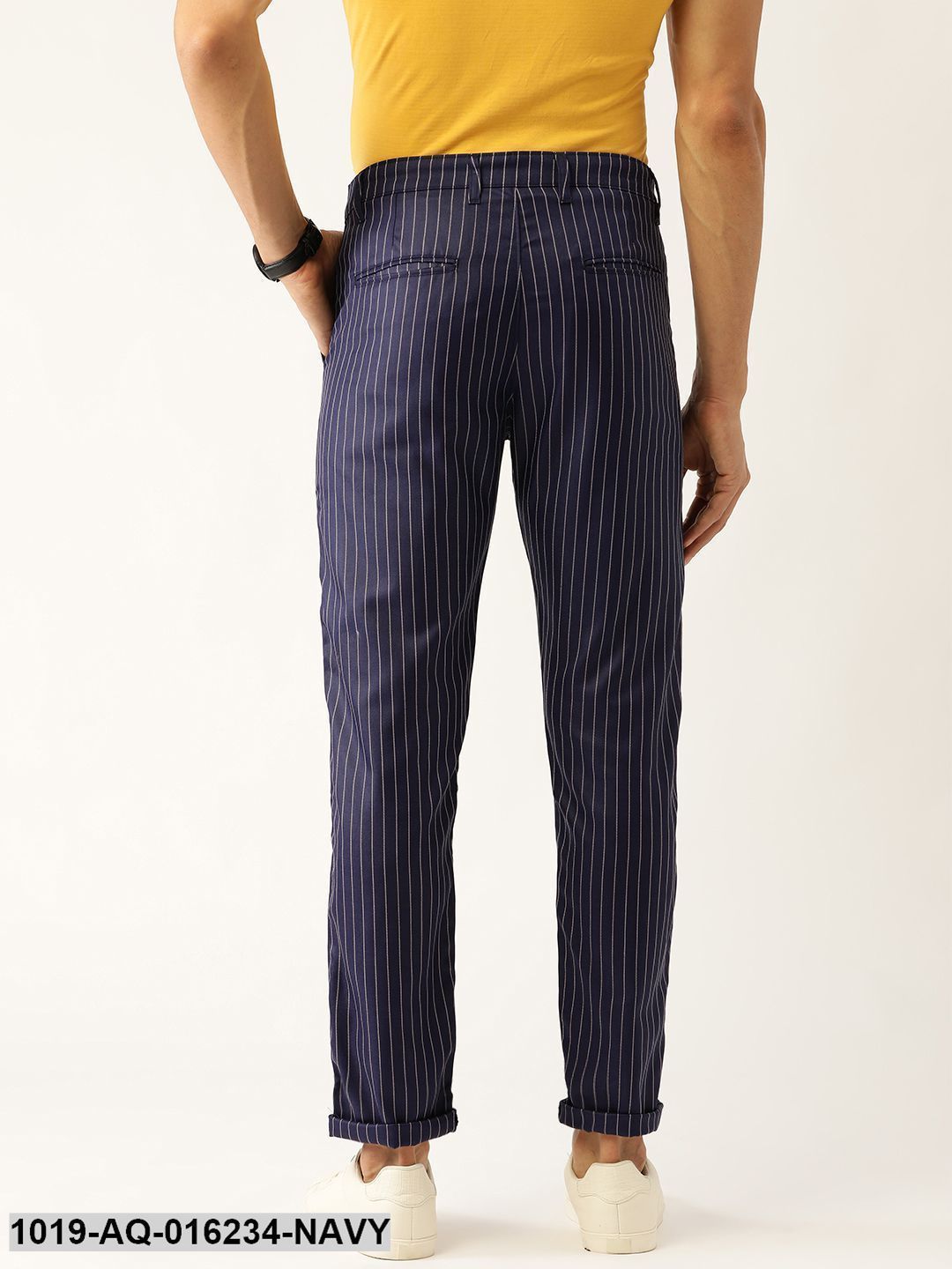Men's Cotton Blend Navy Blue & Off-white Striped Casual Trousers - Sojanya